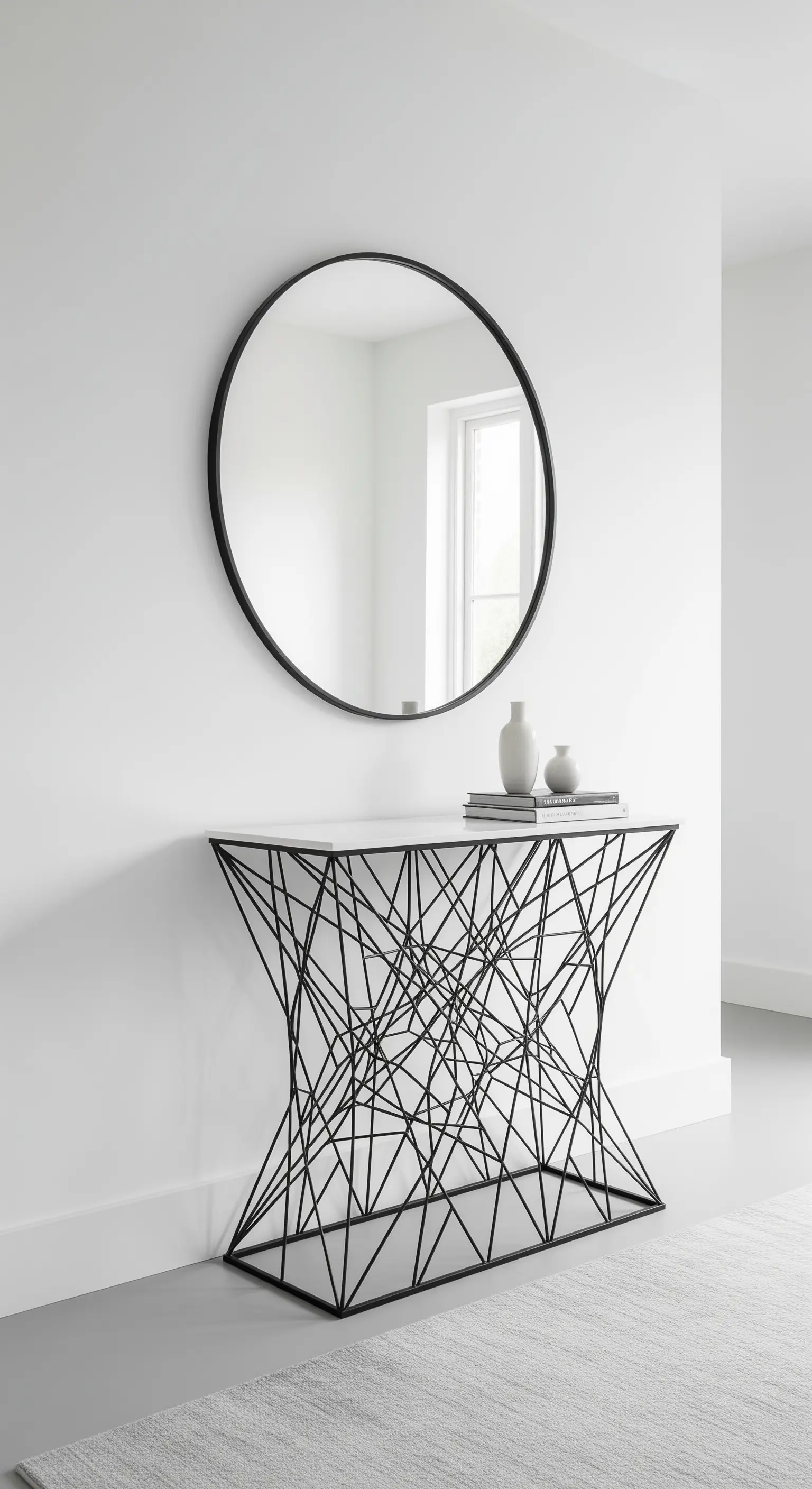 Consolle con base scultorea a intreccio in metallo nero e un grande specchio rotondo appeso sopra.
