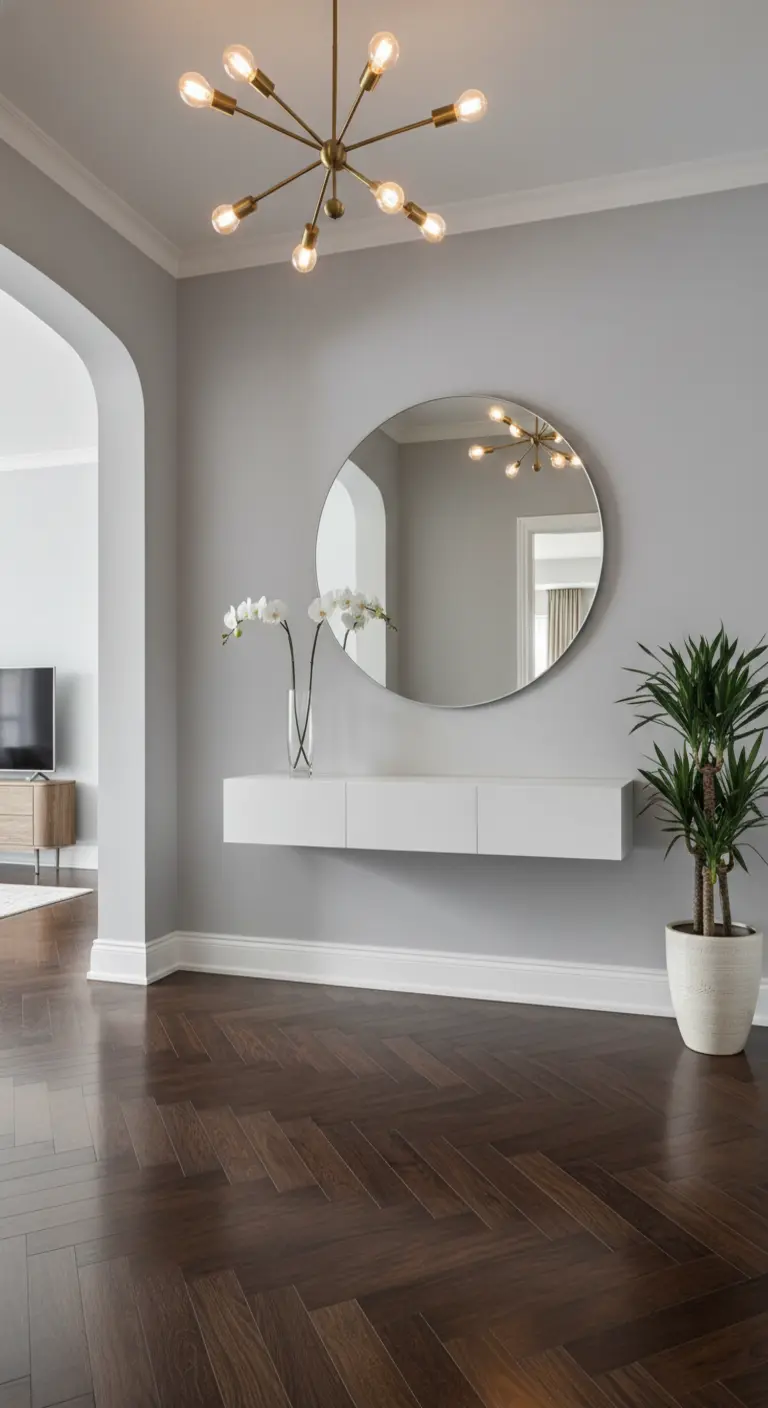 Ingresso moderno con parquet a spina di pesce, consolle bianca sospesa e lampadario Sputnik dorato.