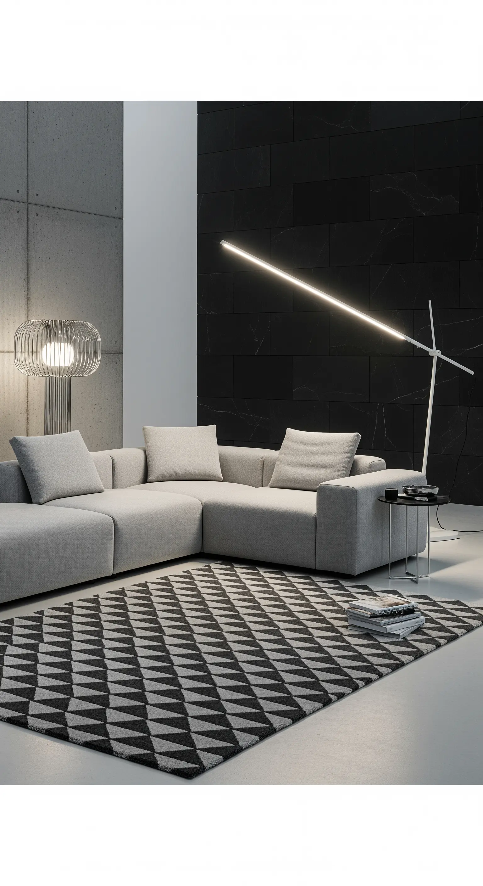 Salotto moderno con parete nera, divano grigio e una lampada LED lineare di design.