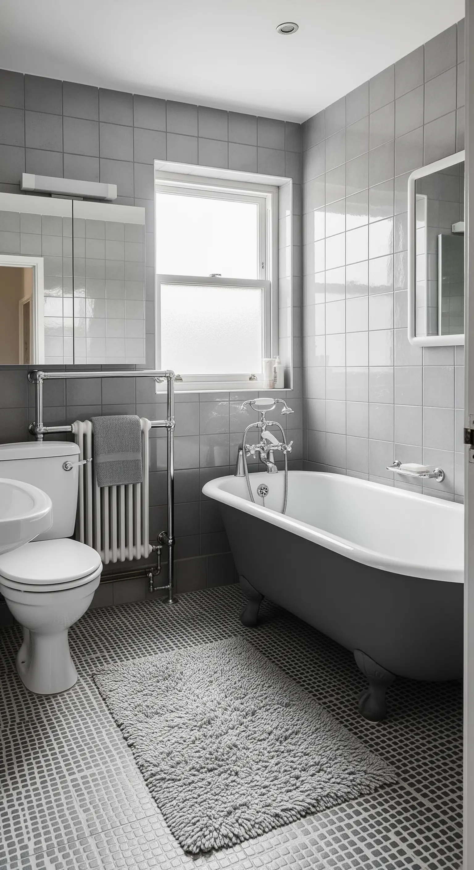 Bagno grigio con piastrelle quadrate, vasca antracite con piedini e pavimento a mosaico.