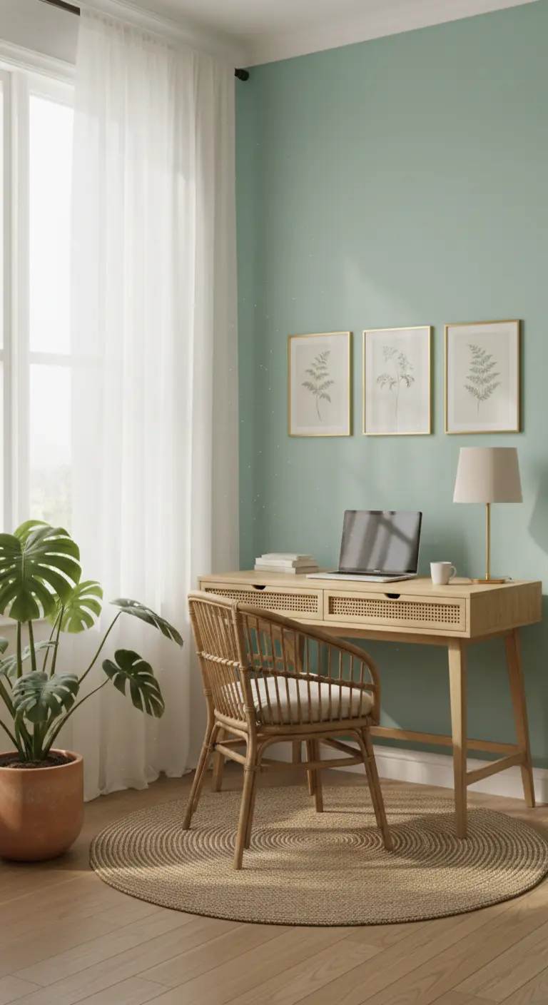 Scrivania in rattan con sedia abbinata contro una parete verde salvia e vicino a una finestra.