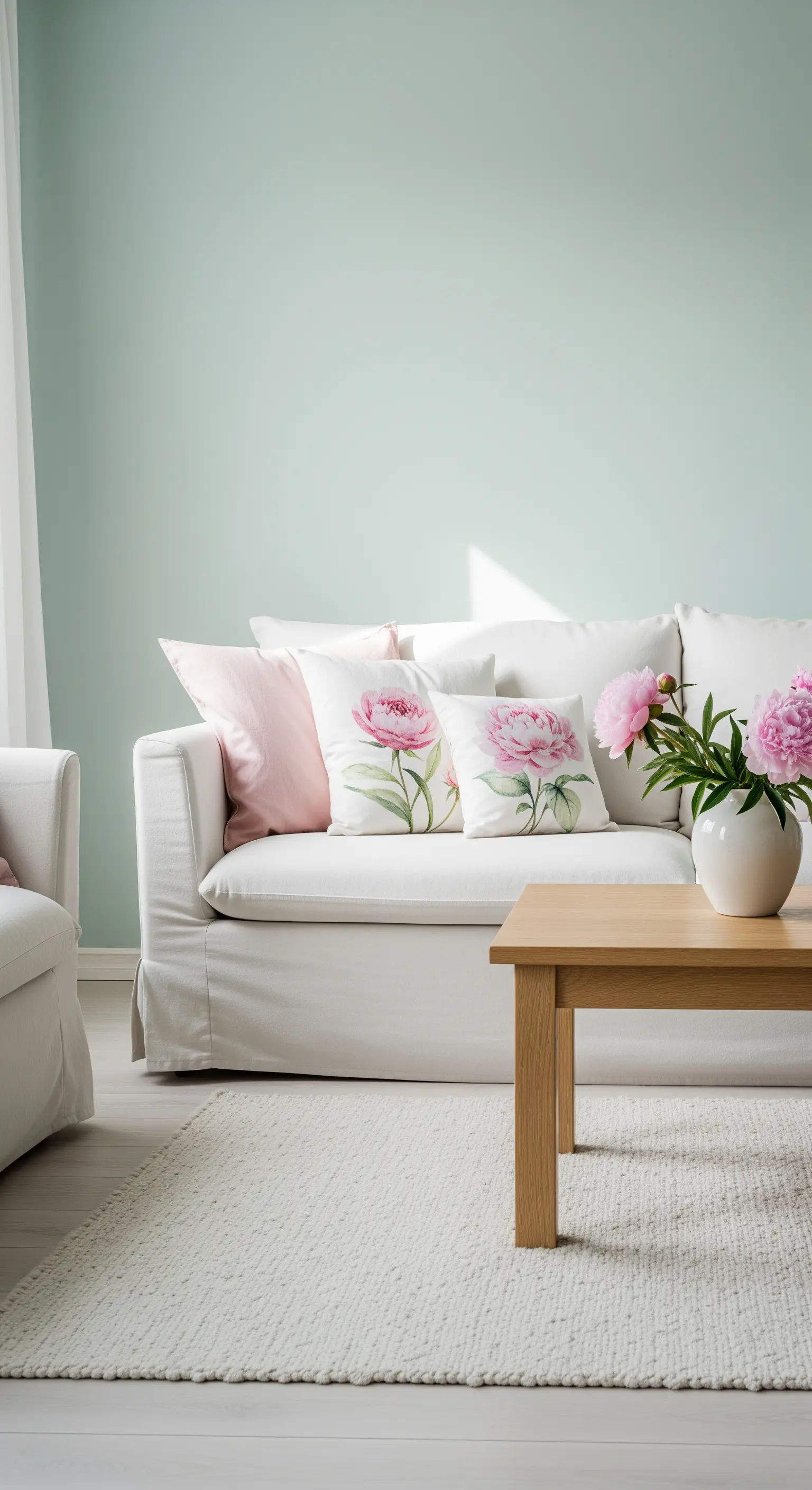 Divano bianco davanti a una parete verde menta, con cuscini floreali rosa e un tavolino in legno.