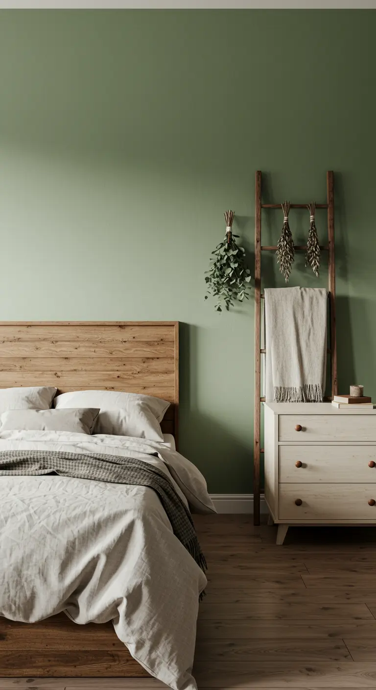 Camera da letto verde salvia con una scala in legno usata per appendere una coperta ed erbe.