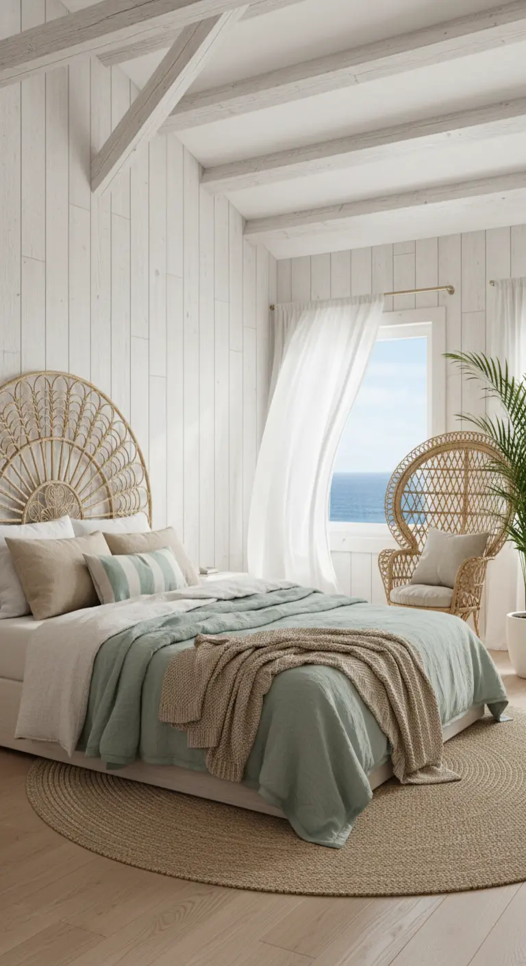 Camera da letto vista mare con testiera in rattan a forma di pavone e pareti in legno bianco.