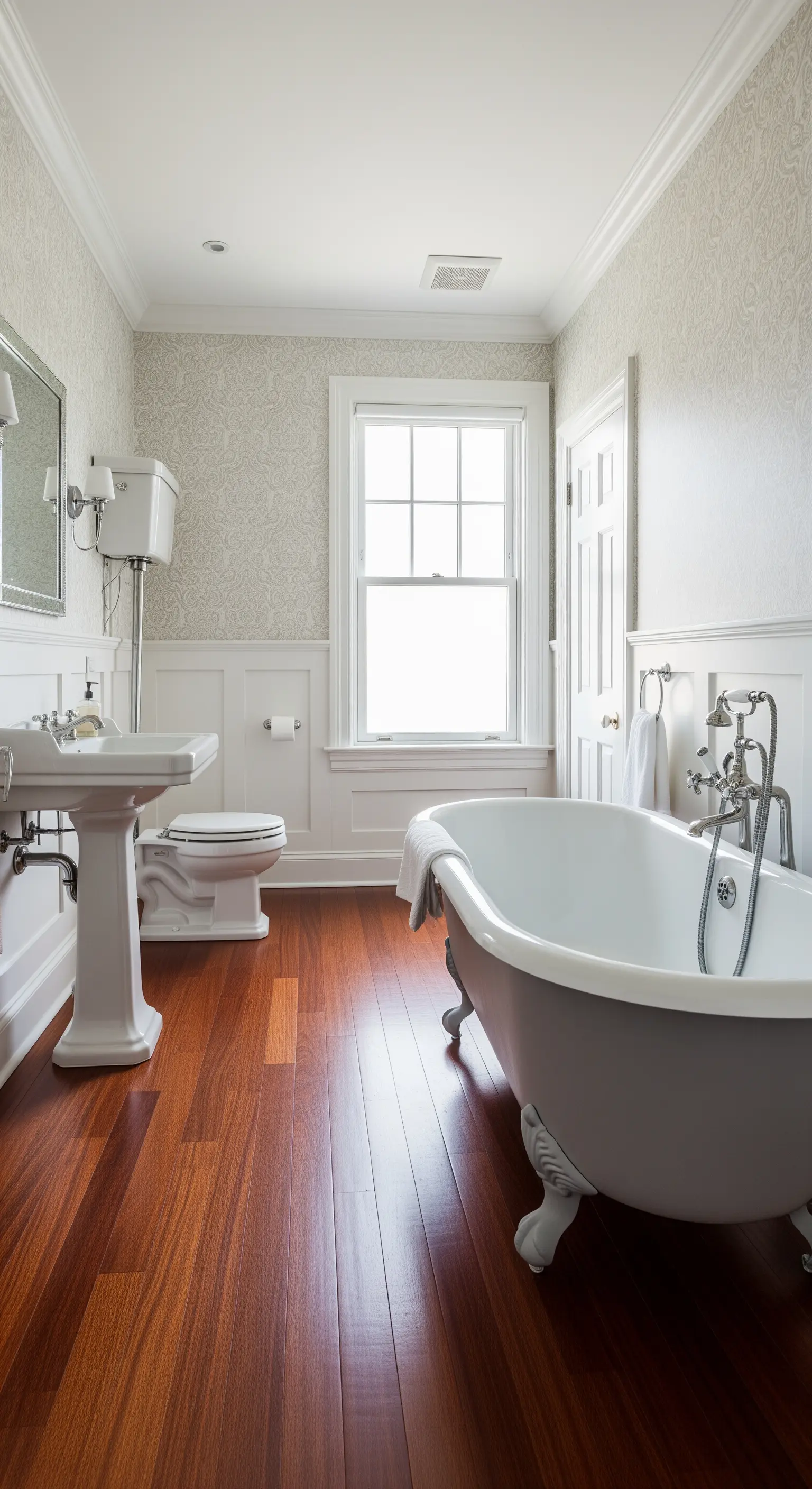 Bagno classico con parquet in mogano, boiserie bianca e una vasca freestanding grigia con piedini bianchi.