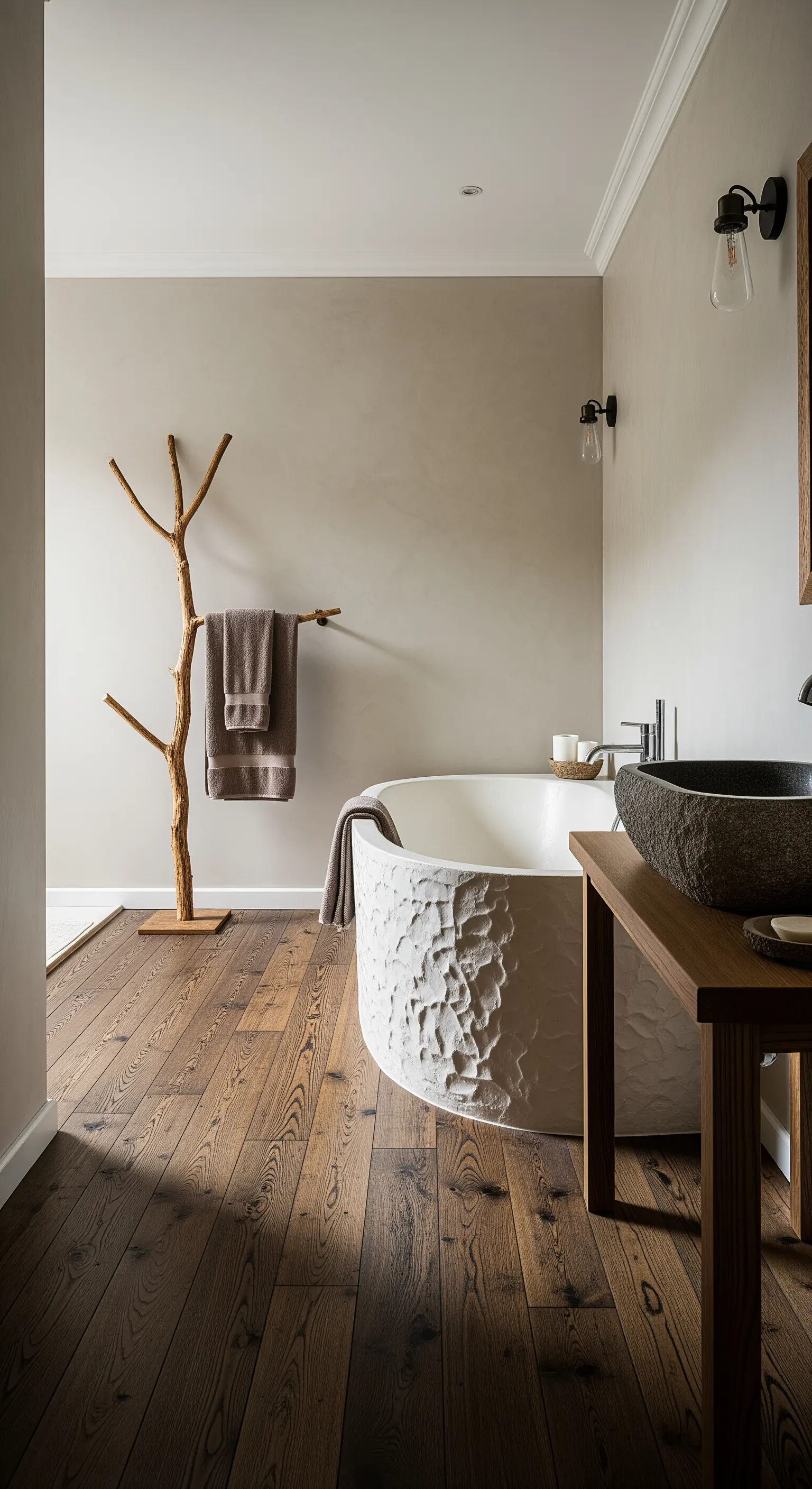 Bagno wabi-sabi con parquet vissuto, vasca bianca texturizzata e porta-asciugamani a forma di albero.