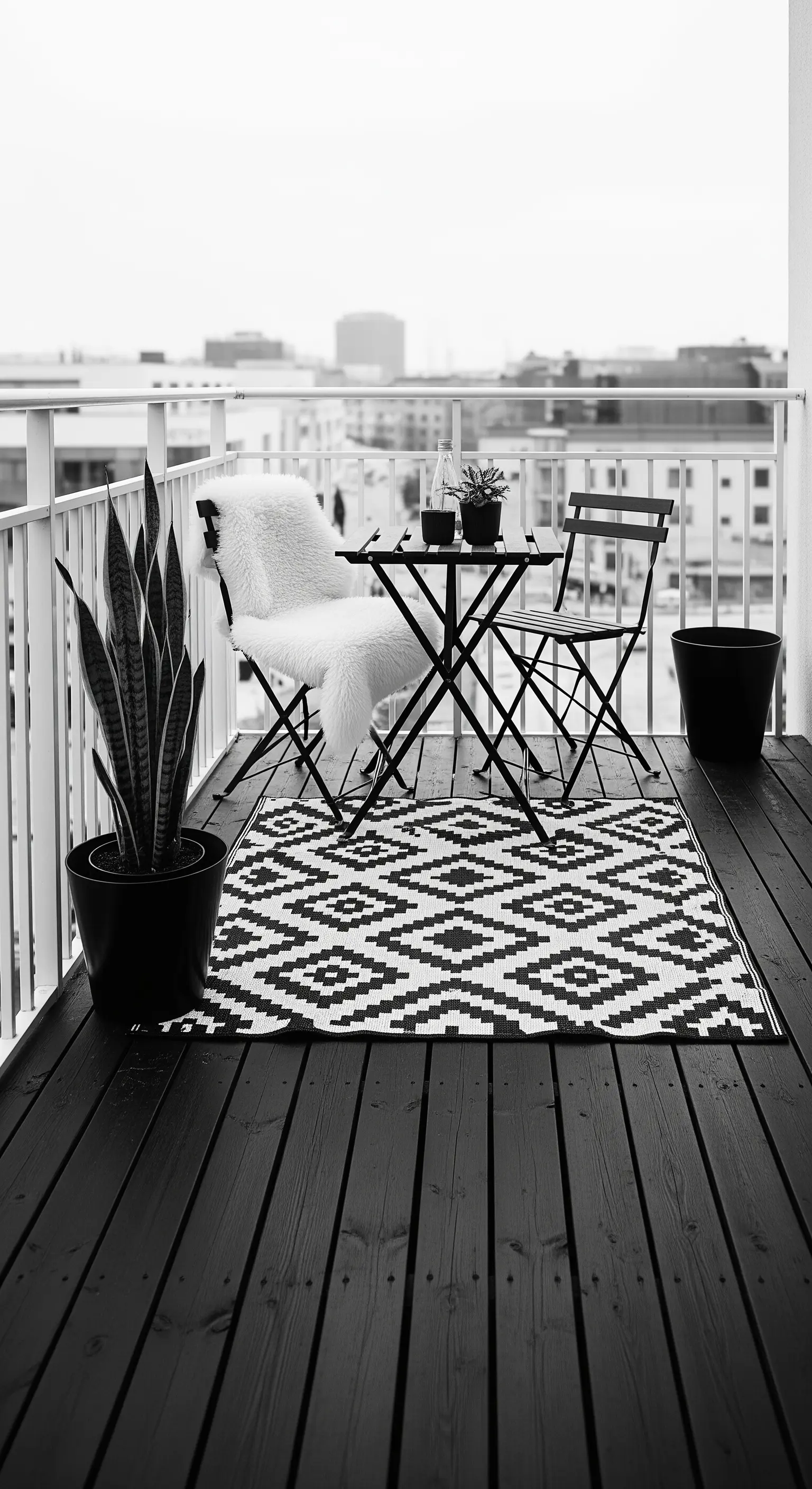 Balcone con pavimento nero, arredi neri, tappeto grafico bianco e nero e pelle di pecora.