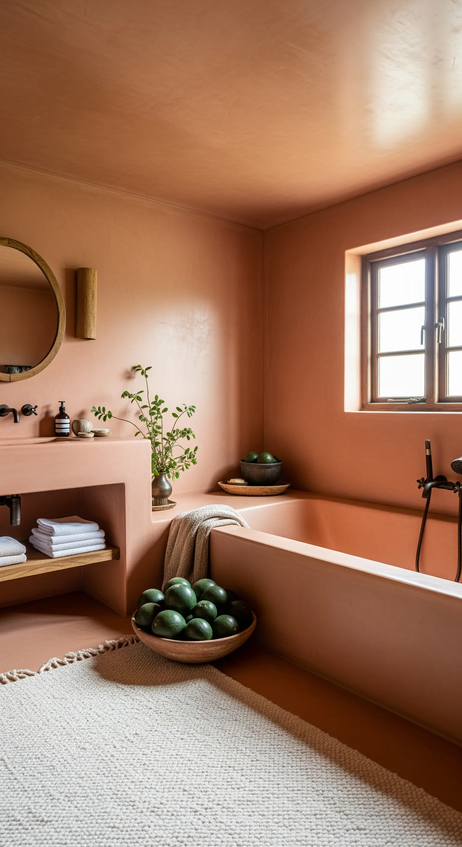 Bagno interamente rivestito in microcemento color terracotta, con tappeto color crema.