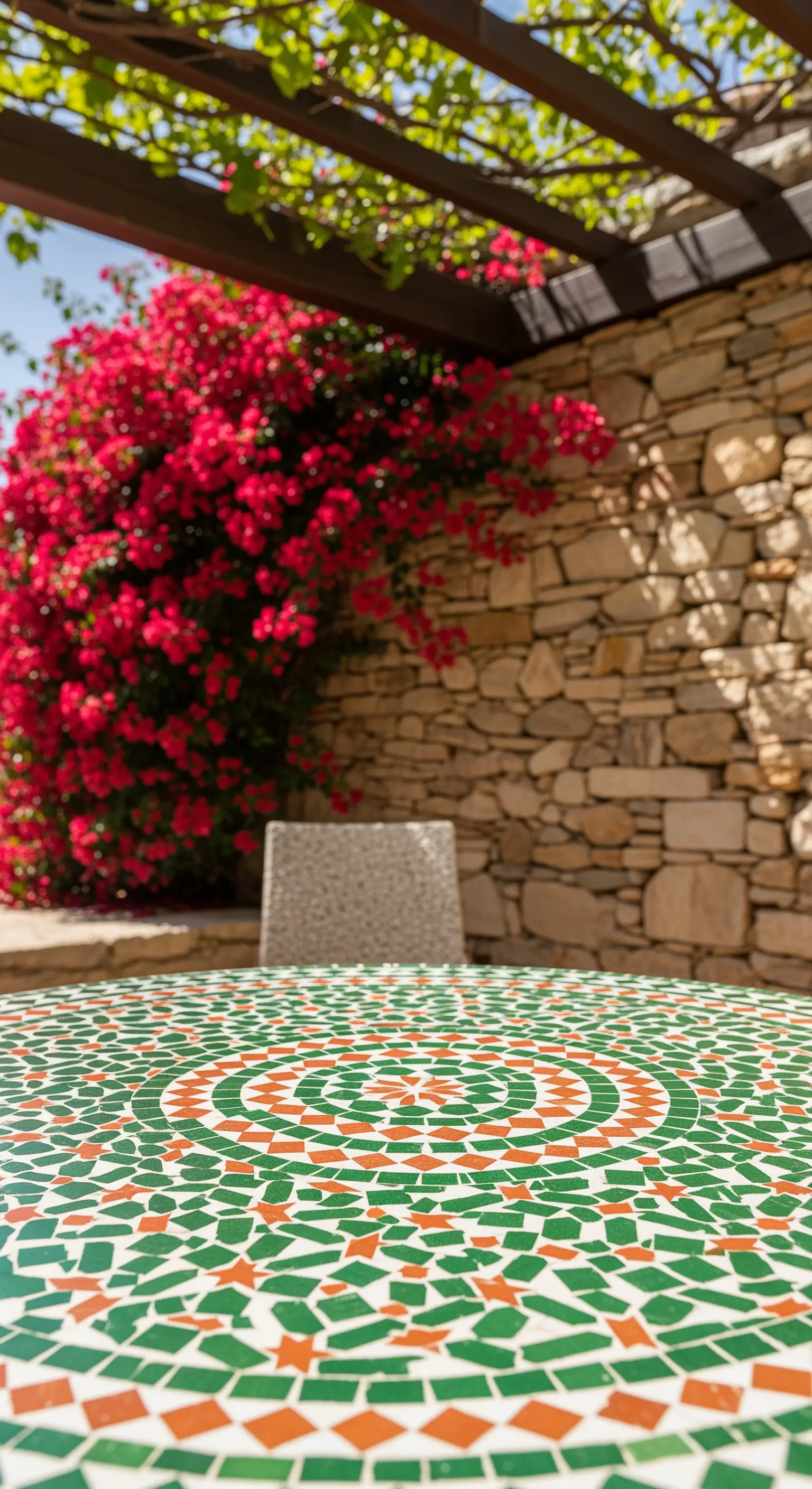 Primo piano di un tavolo in mosaico con tessere verdi e arancioni.