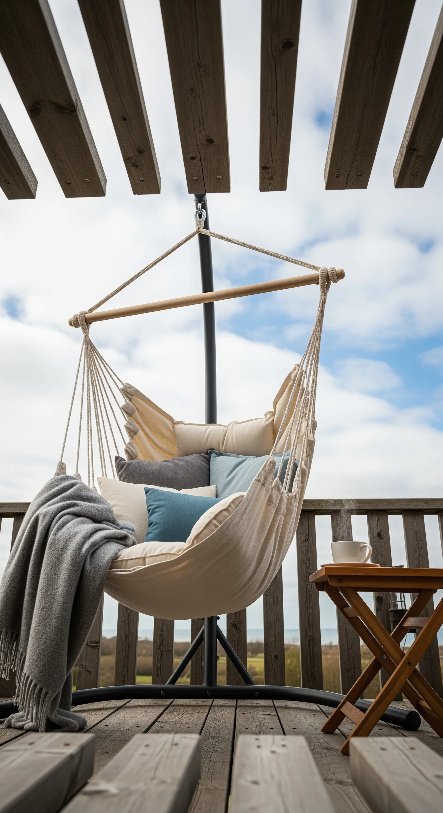 Poltrona sospesa in tessuto chiaro con cuscini e coperta grigia su un balcone con pavimento in legno.