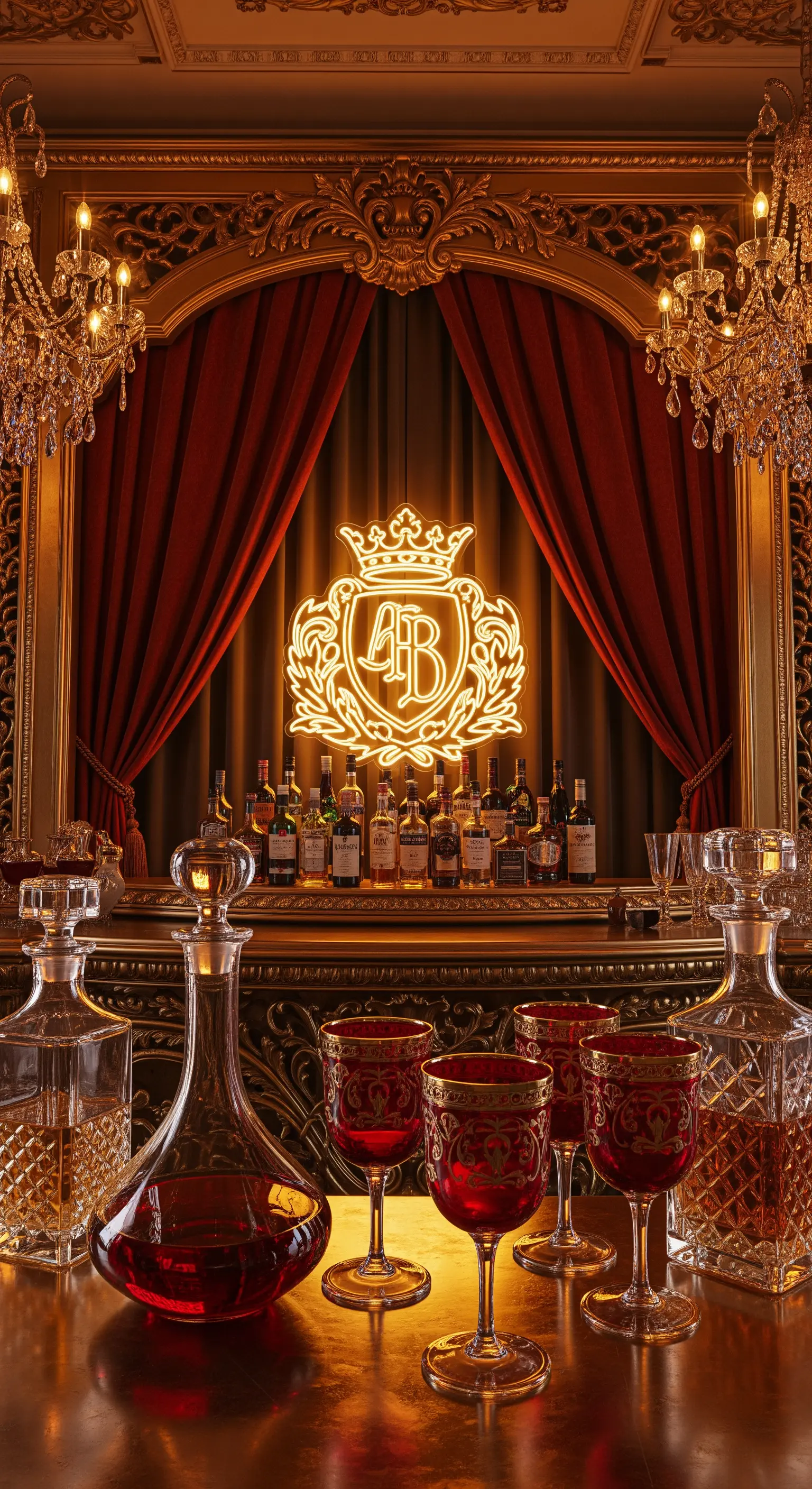 Logo al neon incorniciato da tende di velluto rosso in un bar opulento con calici decorati.