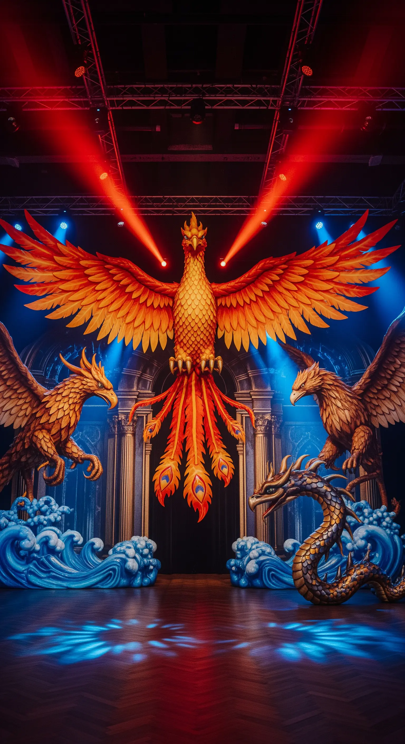 Palco con una fenice gigante e draghi fatti di palloncini, illuminati da luci rosse e blu.