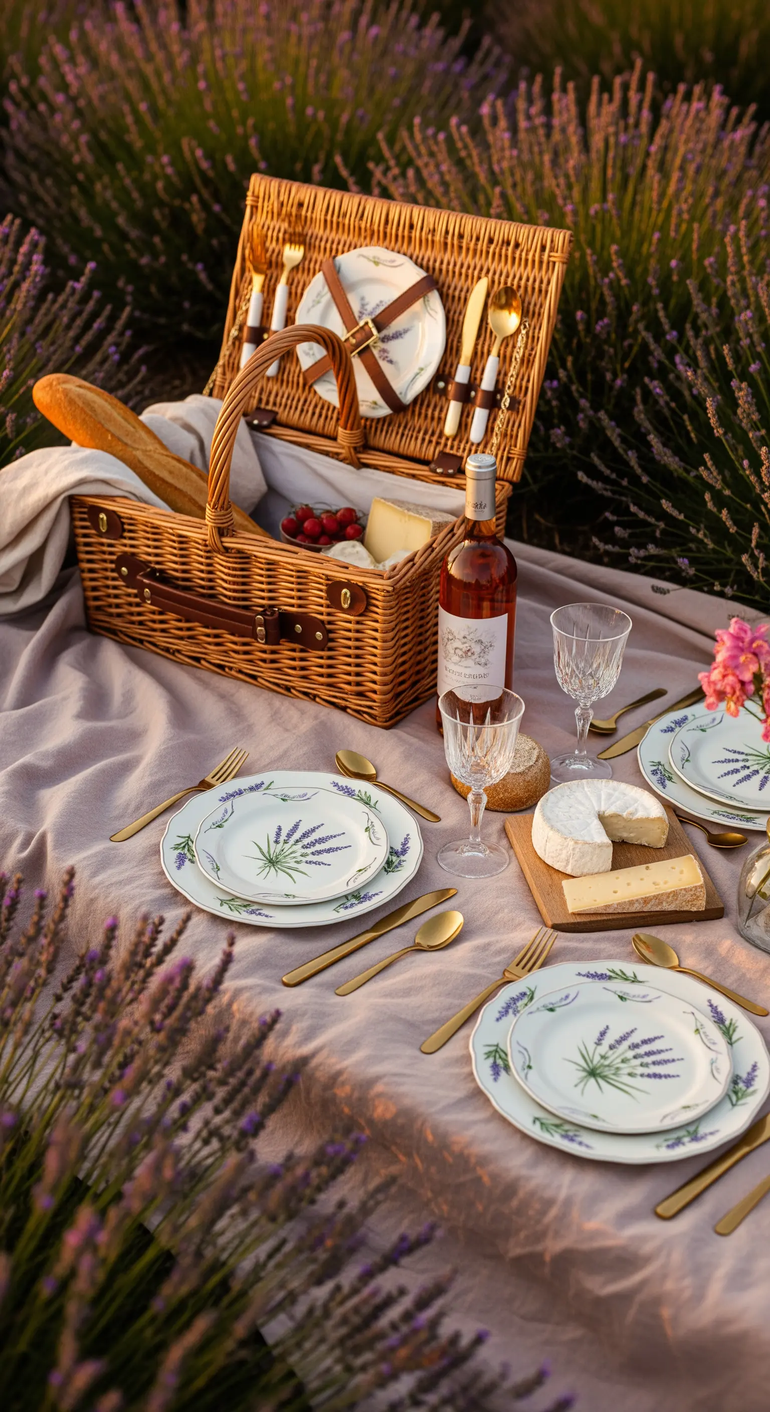 Picnic in un campo di lavanda con cestino in vimini, piatti decorati e formaggi.