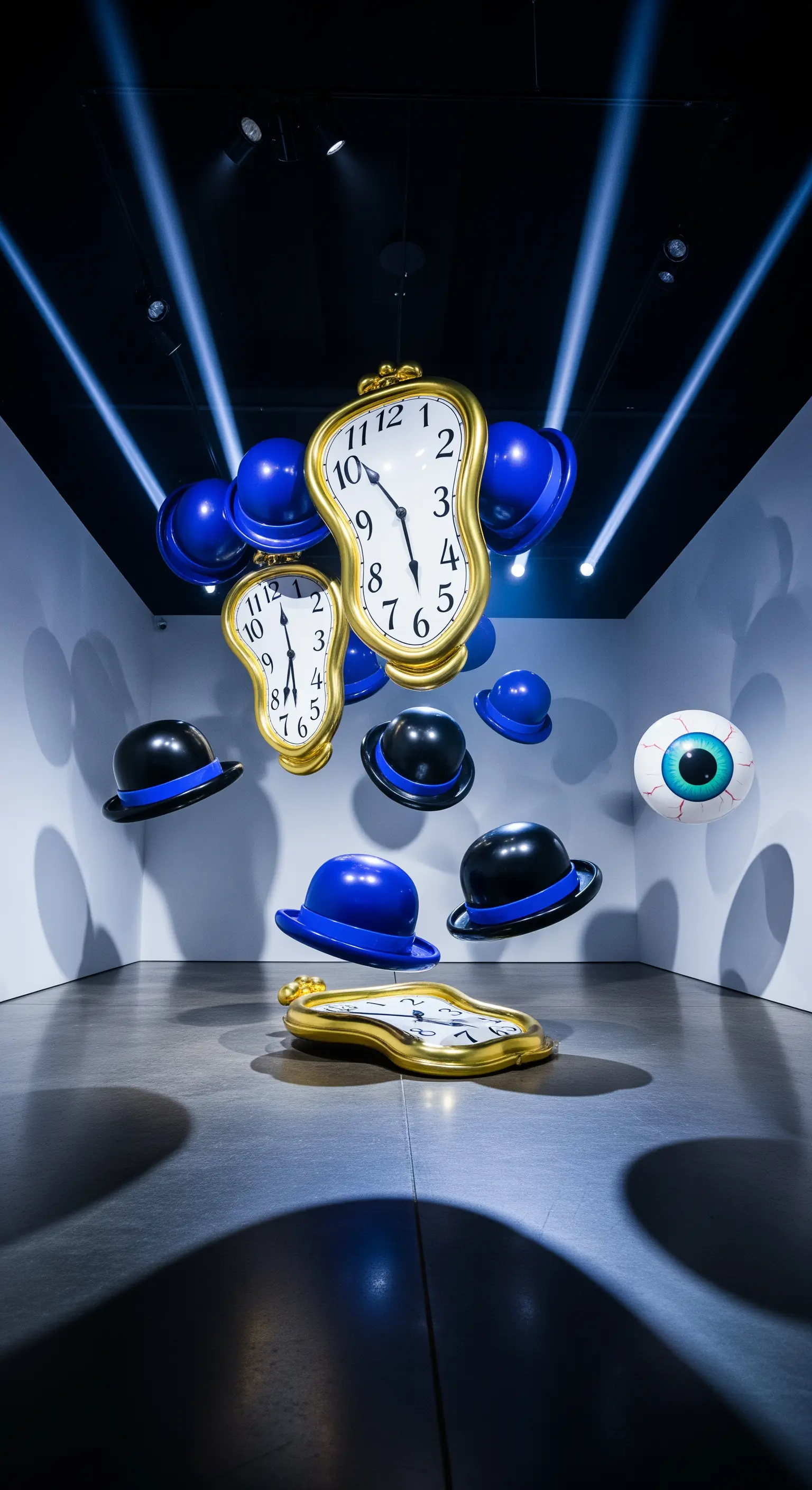 Installazione surreale con orologi sciolti di Dalí e bombette fluttuanti realizzati con palloncini.