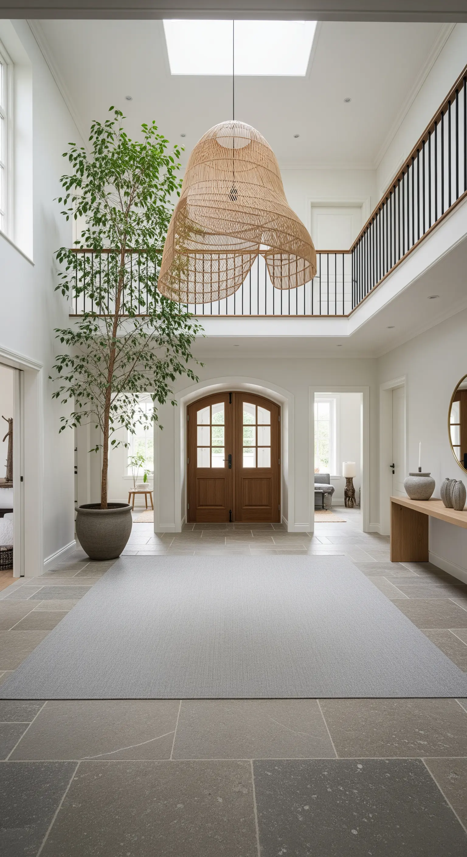 Ingresso a doppia altezza con grande lampadario in rattan e albero alto in vaso.