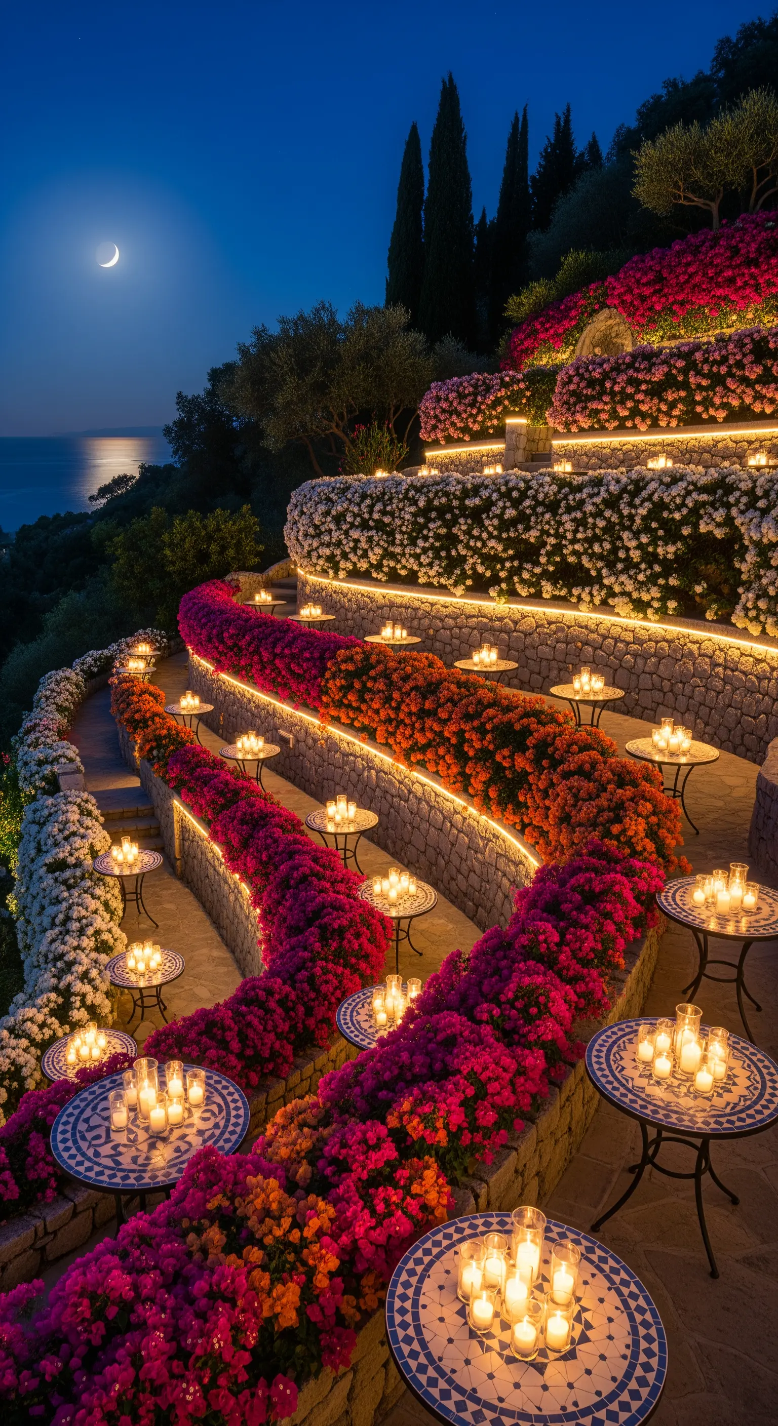 Giardino terrazzato con tavoli a mosaico, candele e muretti illuminati.