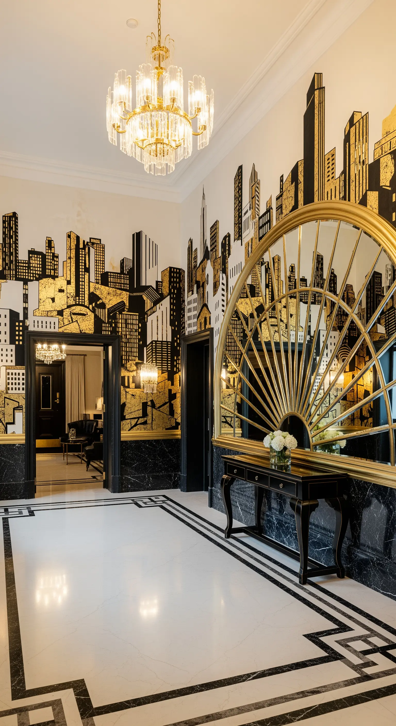 Ingresso Art Déco con murale di skyline dorato e specchio a ventaglio su marmo nero.