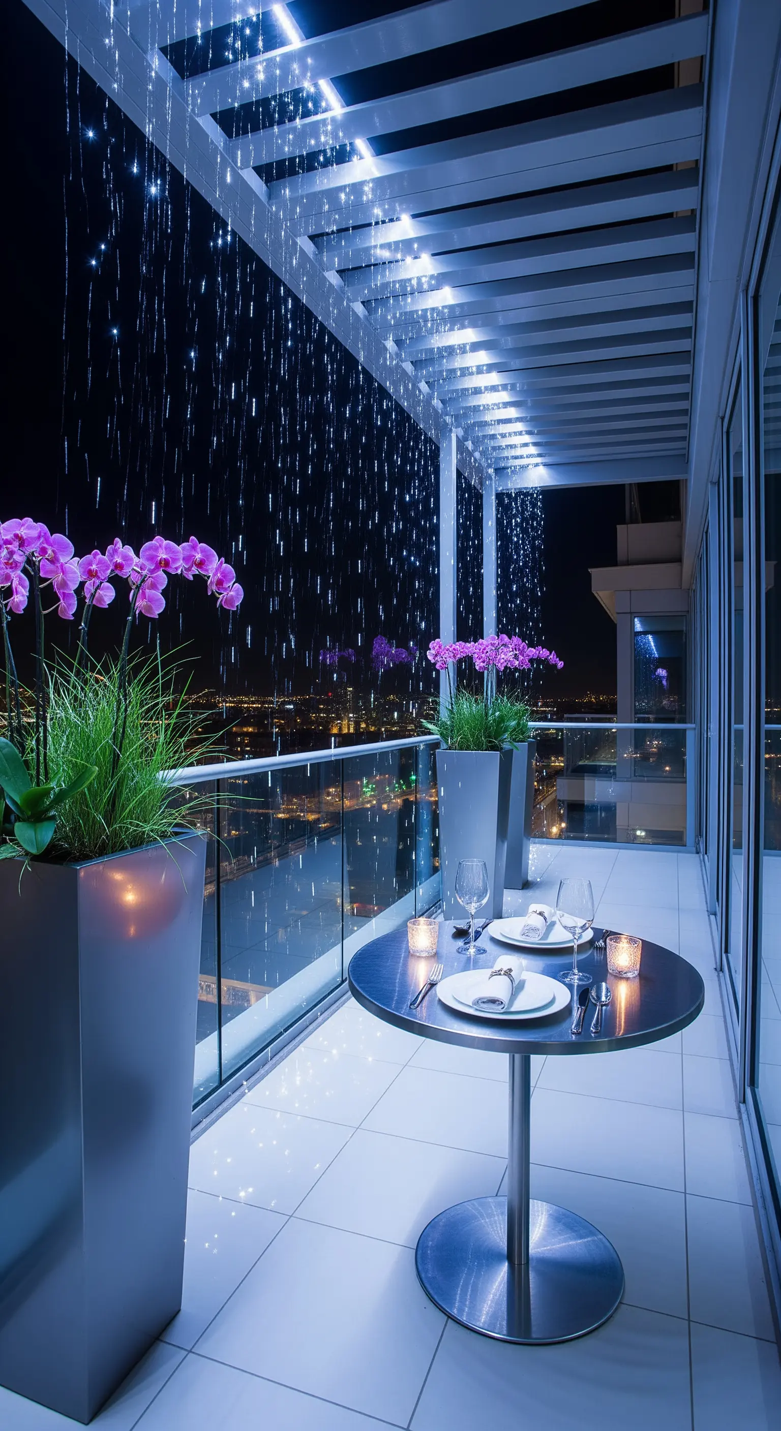 Balcone moderno con un pergolato da cui scende una pioggia di luci a LED sulla città di notte