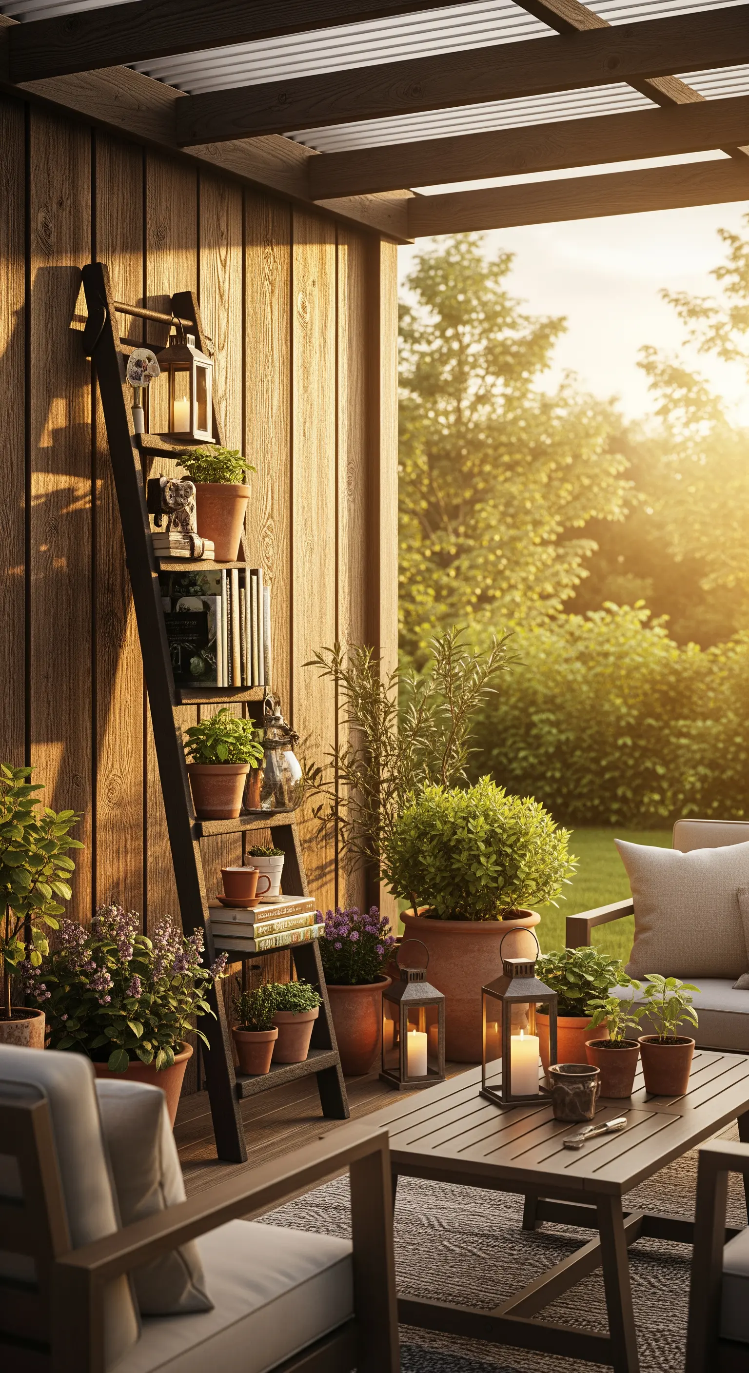 Scala-libreria nera su un patio in legno, decorata con piante e lanterne.