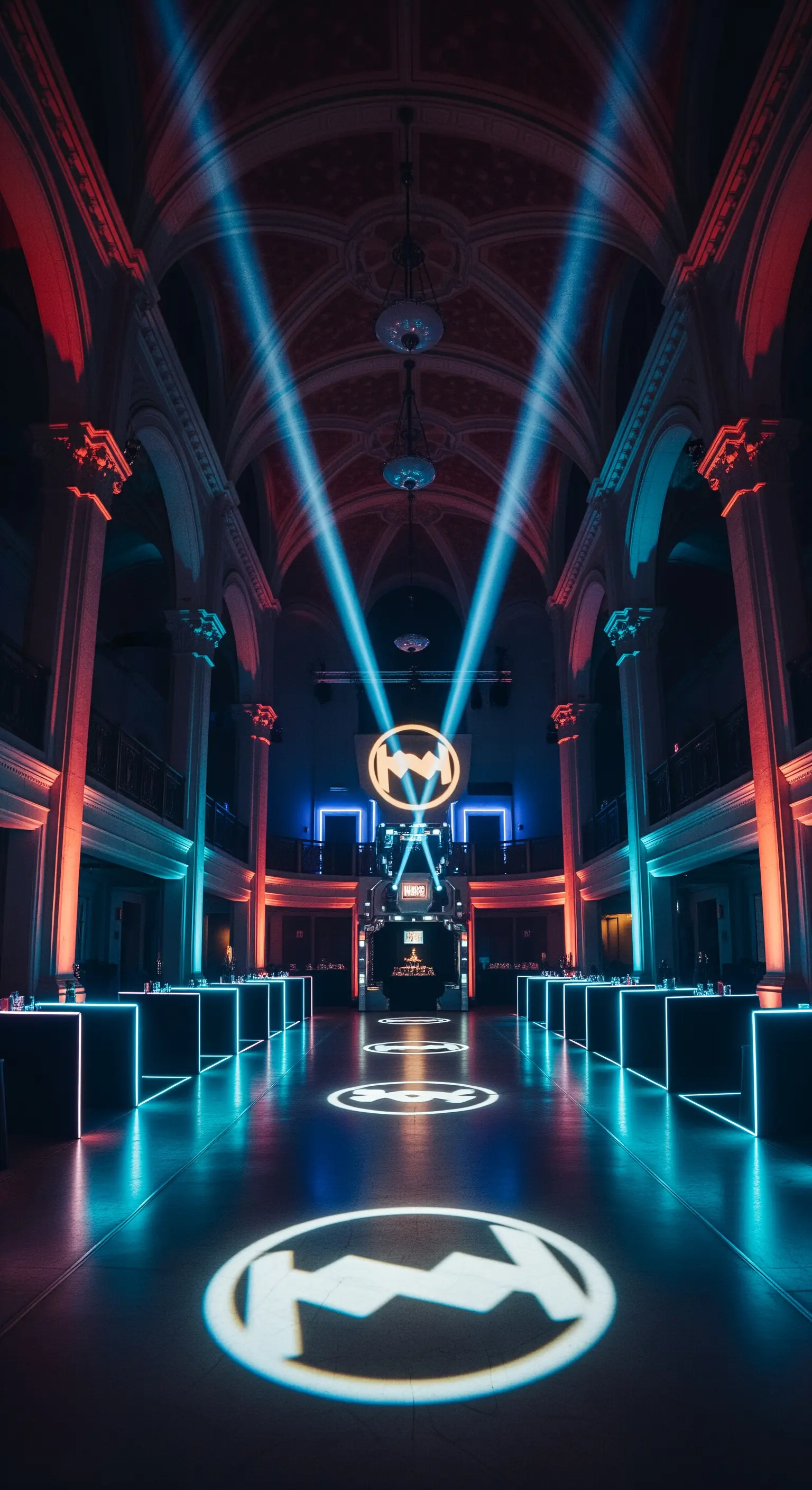 Ampia sala per eventi con loghi proiettati e tavoli contornati da luci al neon.