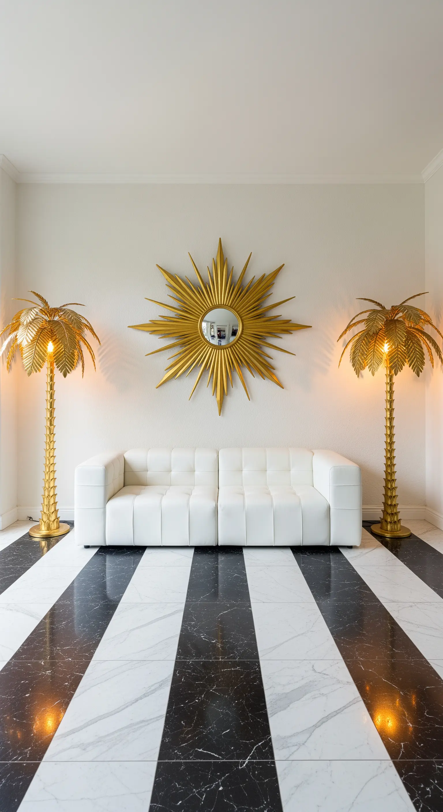 Divano bianco tra due lampade a forma di palma dorata e specchio a sole.
