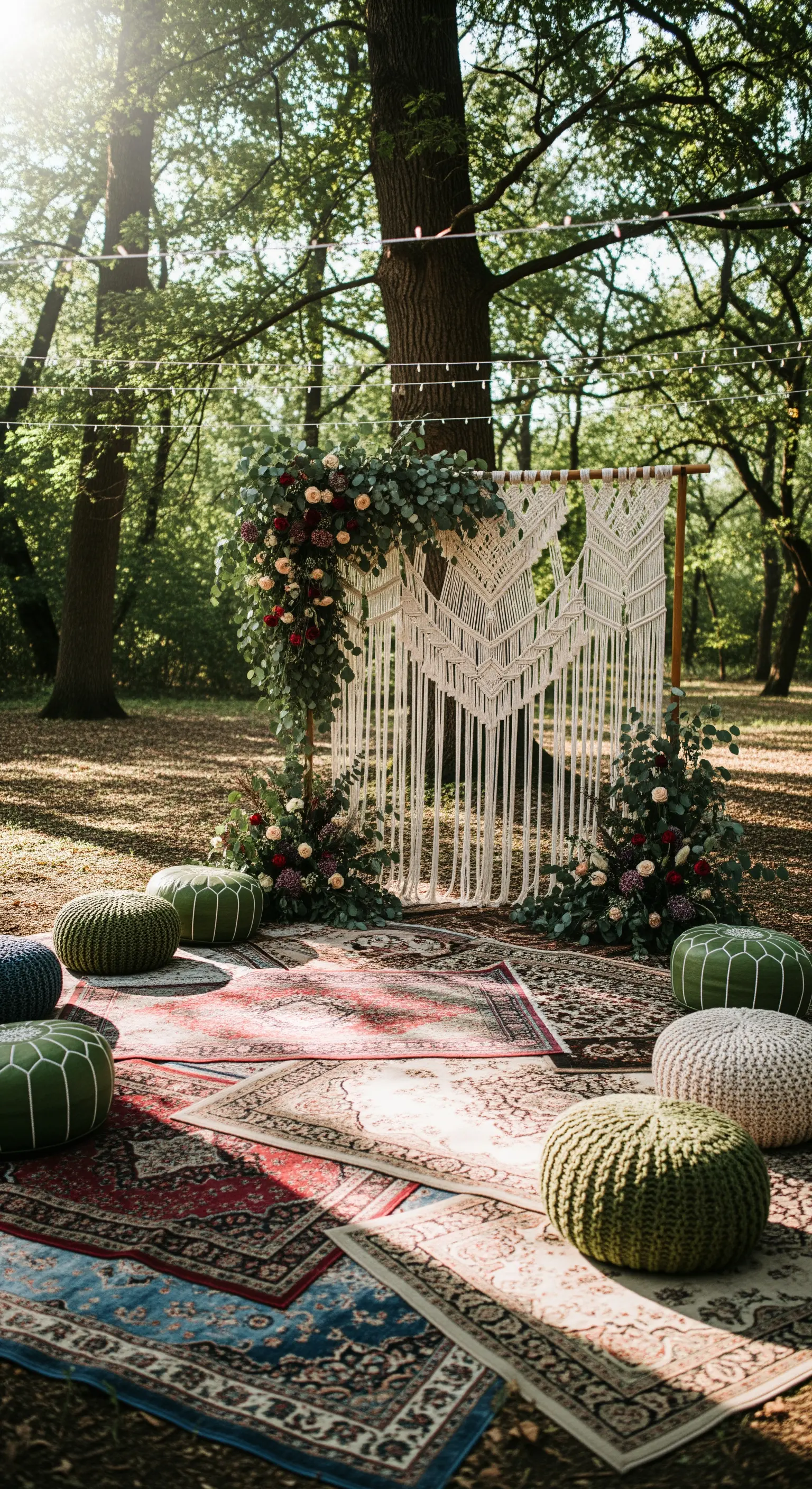 Photo corner boho nel bosco con arazzo in macramè, tappeti persiani e pouf verdi.
