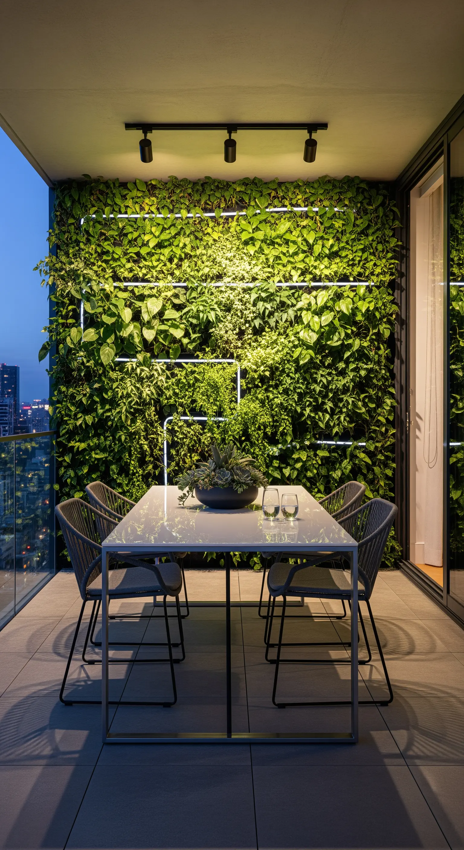 Parete verde verticale per una zona pranzo esterna, illuminata da barre LED integrate.