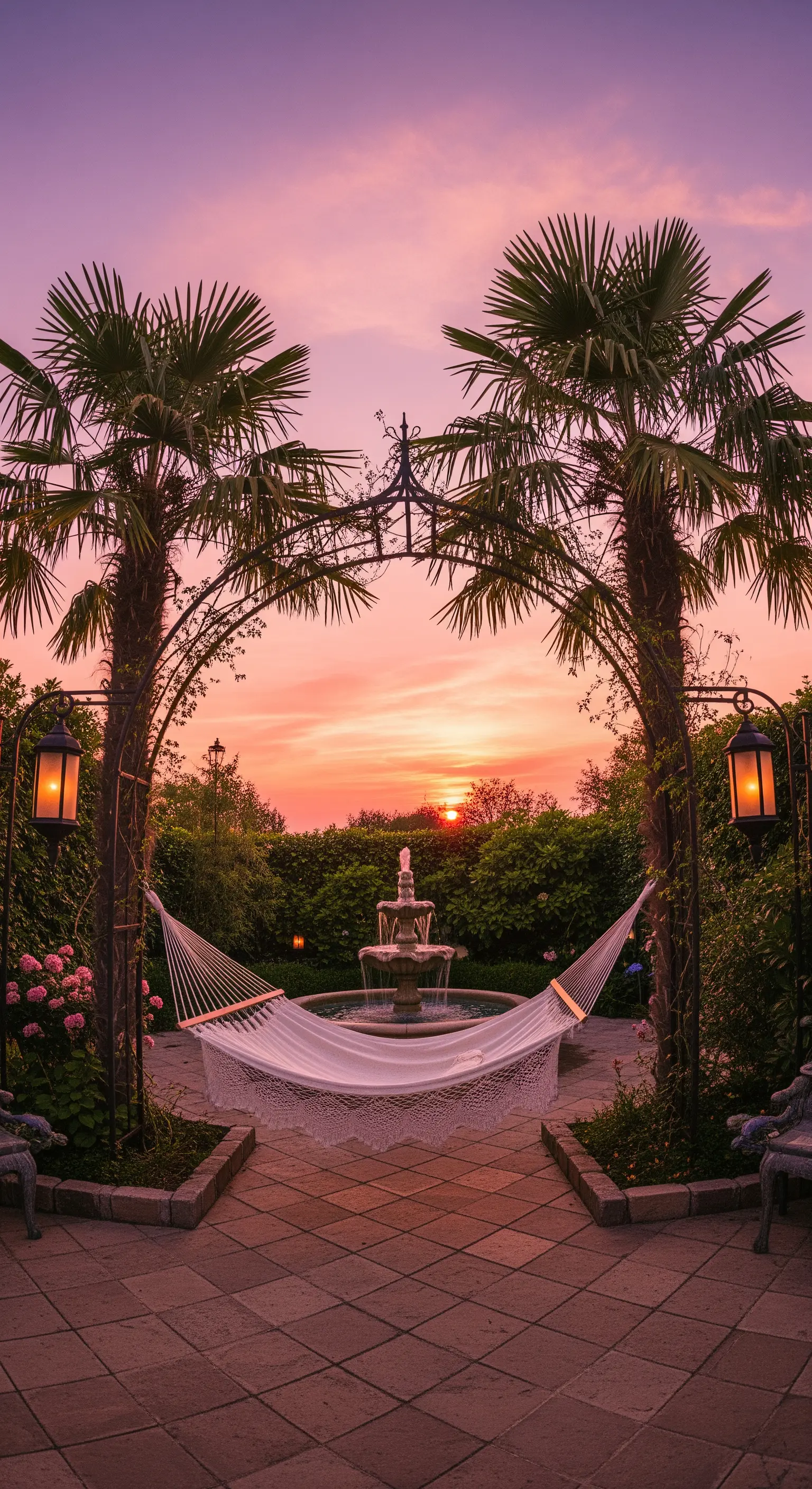Amaca bianca con pizzo in un patio romantico al tramonto con fontana e lanterne.