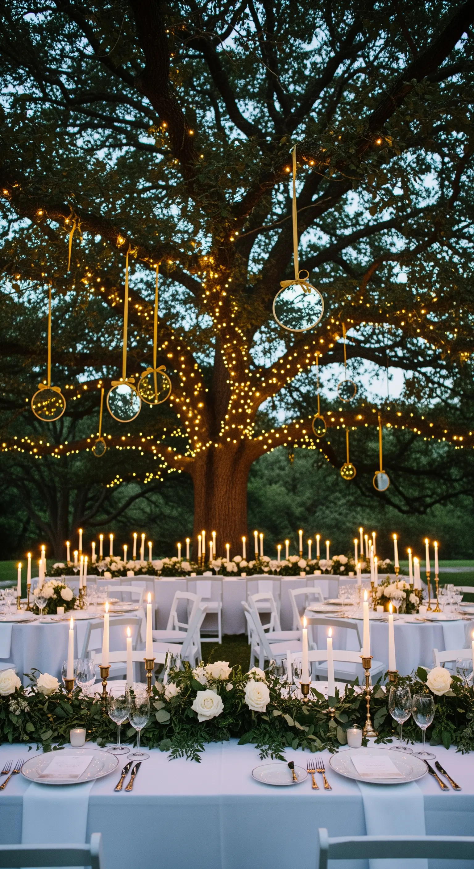 Tavolata elegante all'aperto sotto un albero decorato con lucine e specchi sospesi.