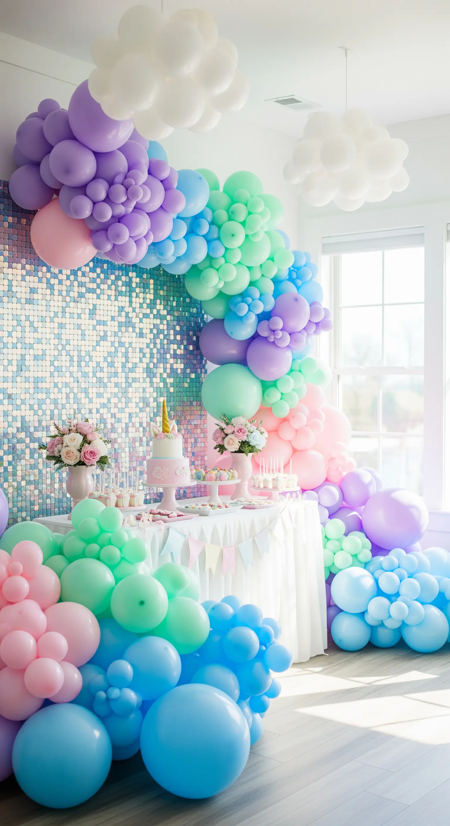Allestimento festa unicorno con palloncini pastello e backdrop di paillettes iridescenti.