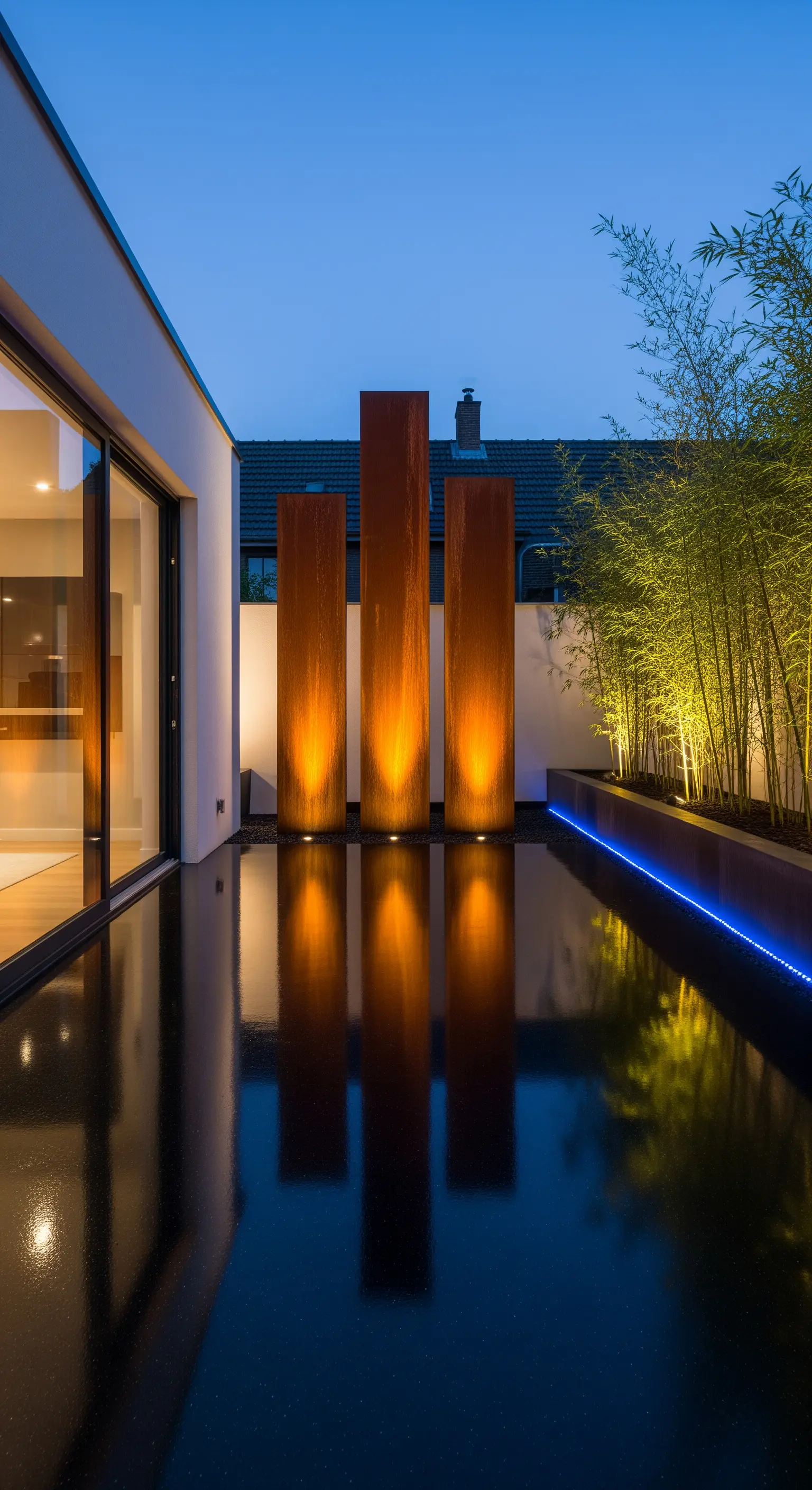 Tre sculture in acciaio Corten illuminate dal basso si riflettono su una vasca d'acqua scura.