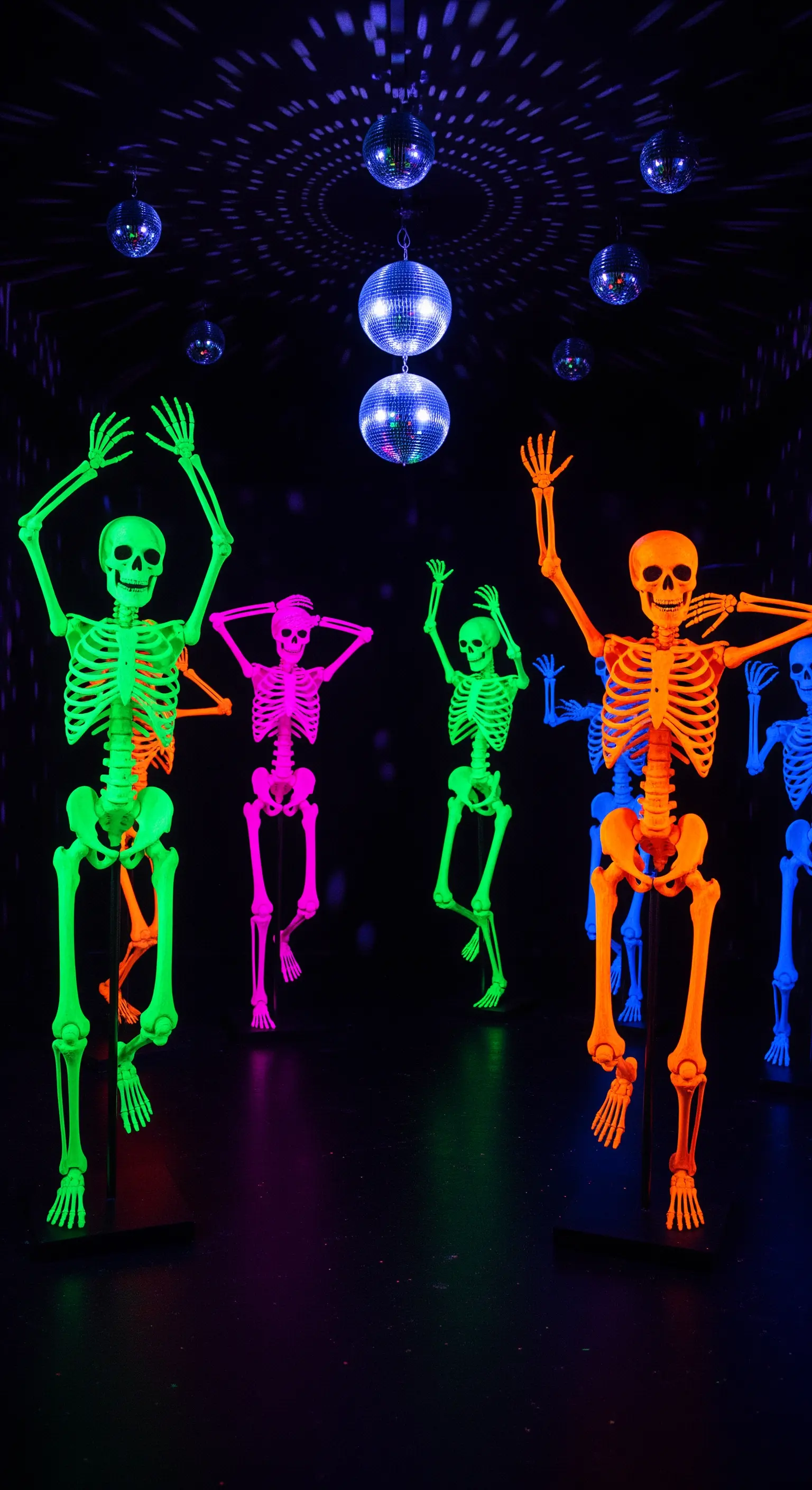 Scheletri dipinti con colori fluorescenti che ballano sotto la luce nera in una stanza buia.