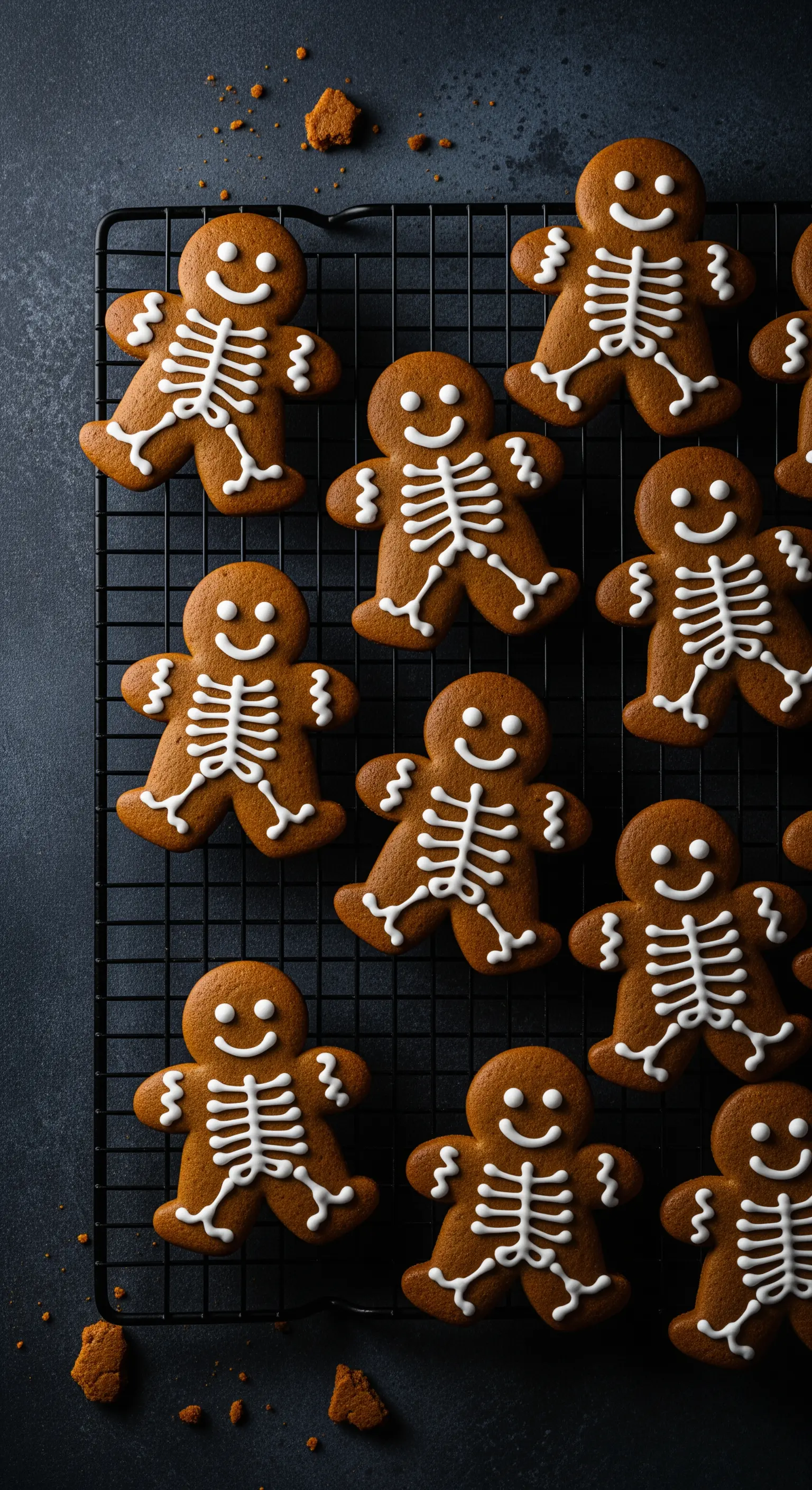 Biscotti di pan di zenzero a forma di omino decorati come scheletri con glassa bianca.