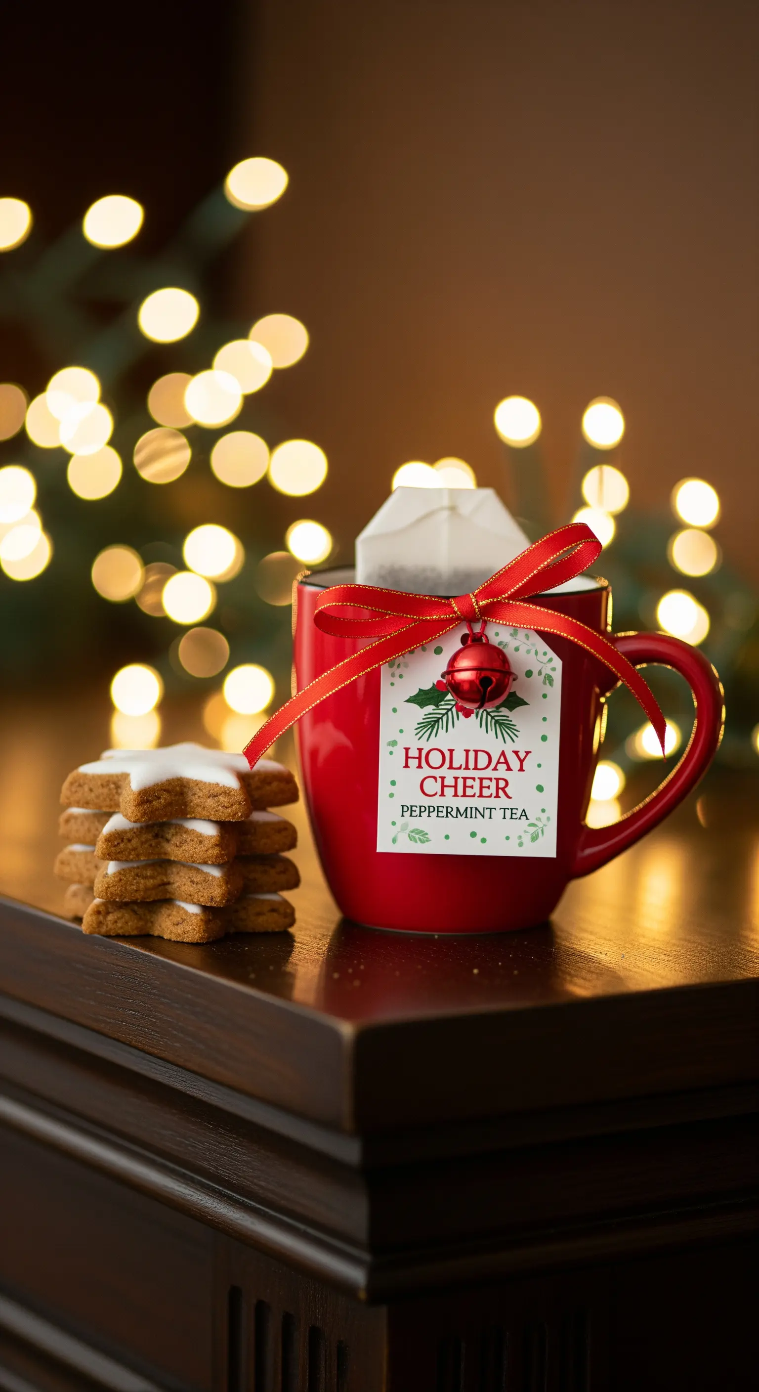 Tazza rossa natalizia con biscotti a forma di stella e luci sfocate sullo sfondo.