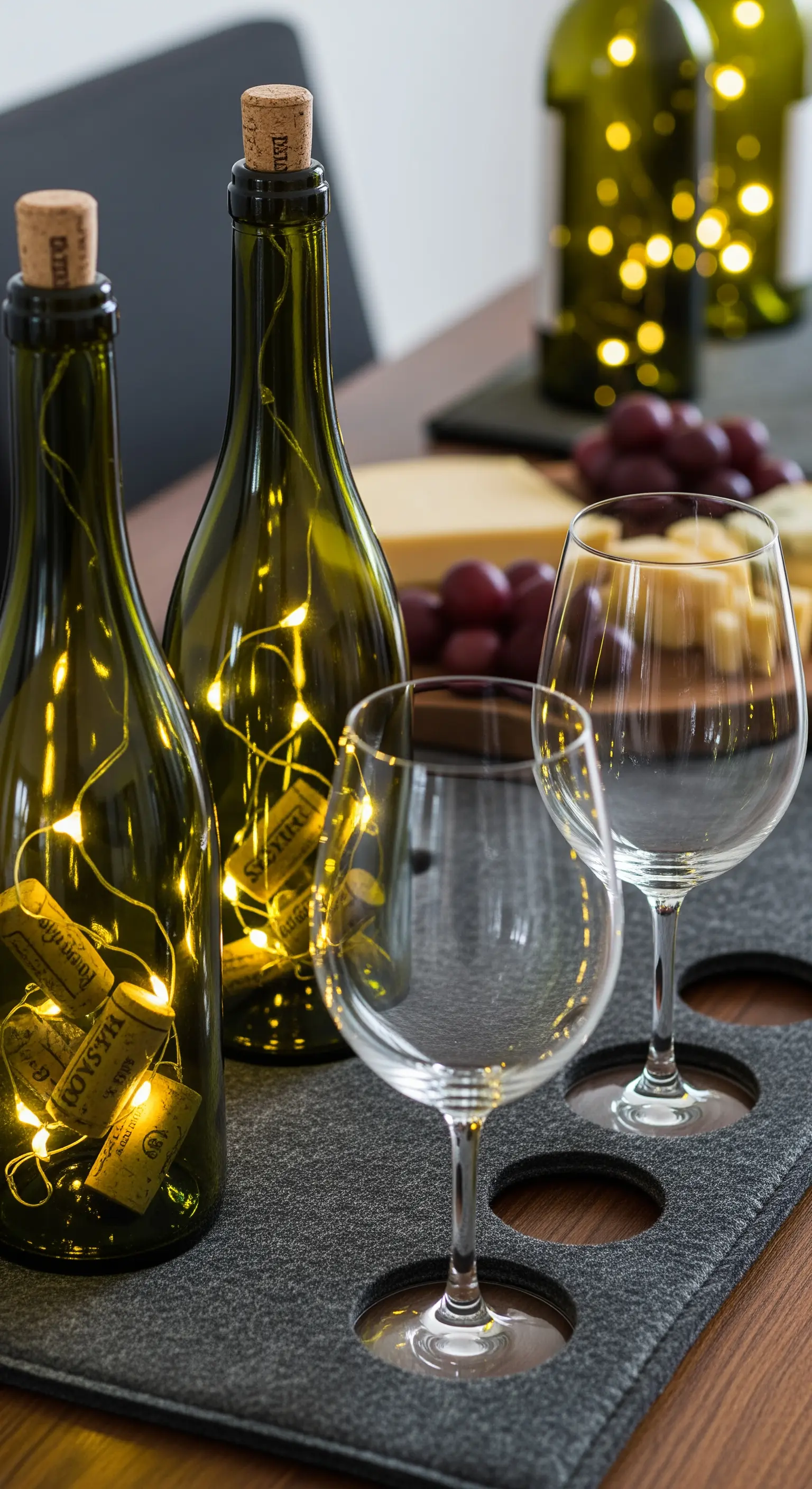 Bottiglie di vino vuote usate come lampade con luci a LED e tappi di sughero.
