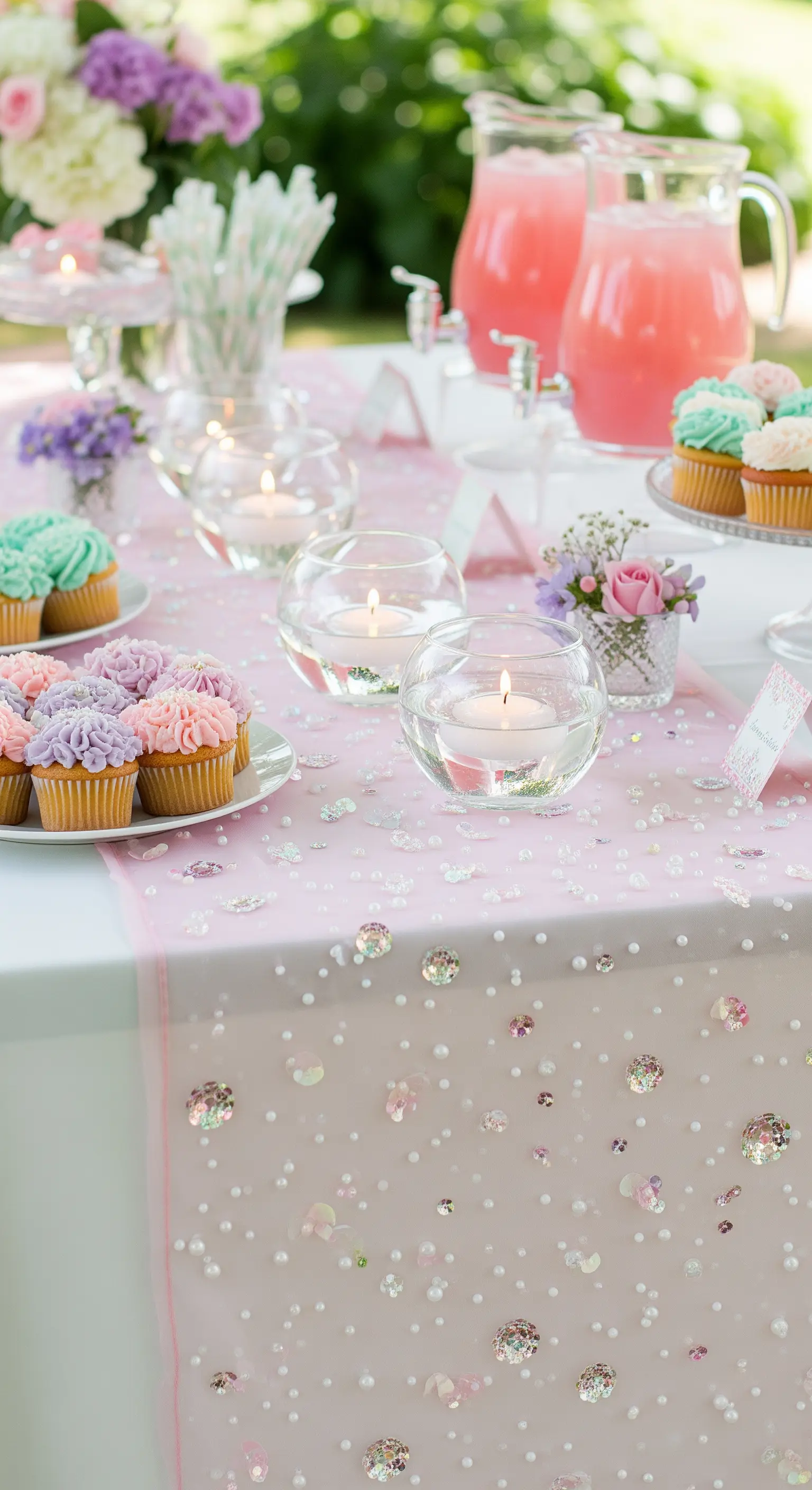 Runner in voile rosa decorato con perline e gemme scintillanti per una festa.