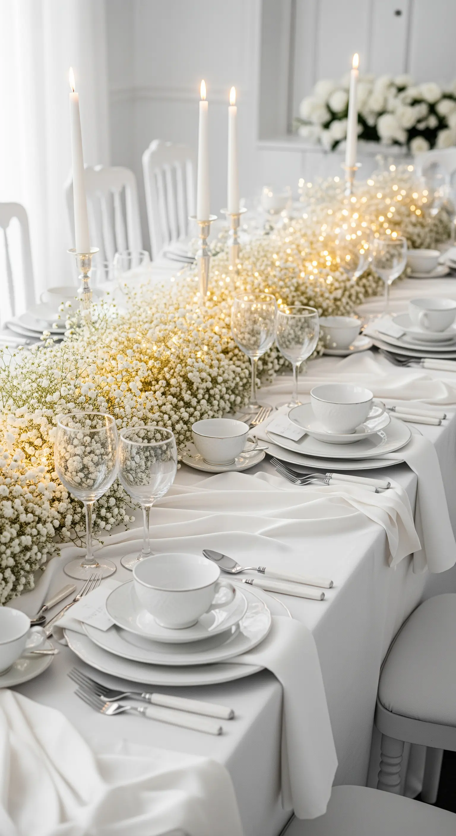 Tavola total white con una cascata di gypsophila illuminata da micro-LED.