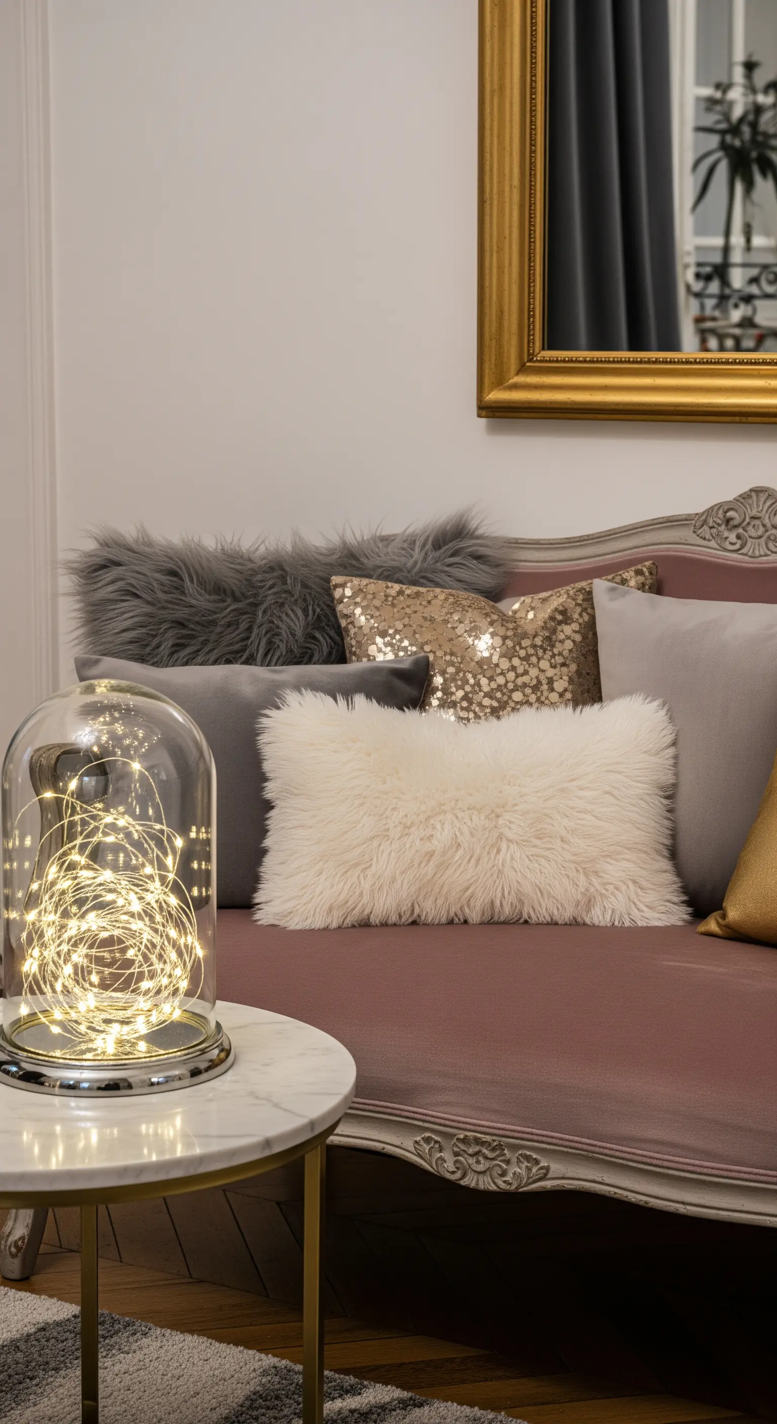 Campana di vetro con micro-LED all'interno, posta su un tavolino accanto a un divano rosa.