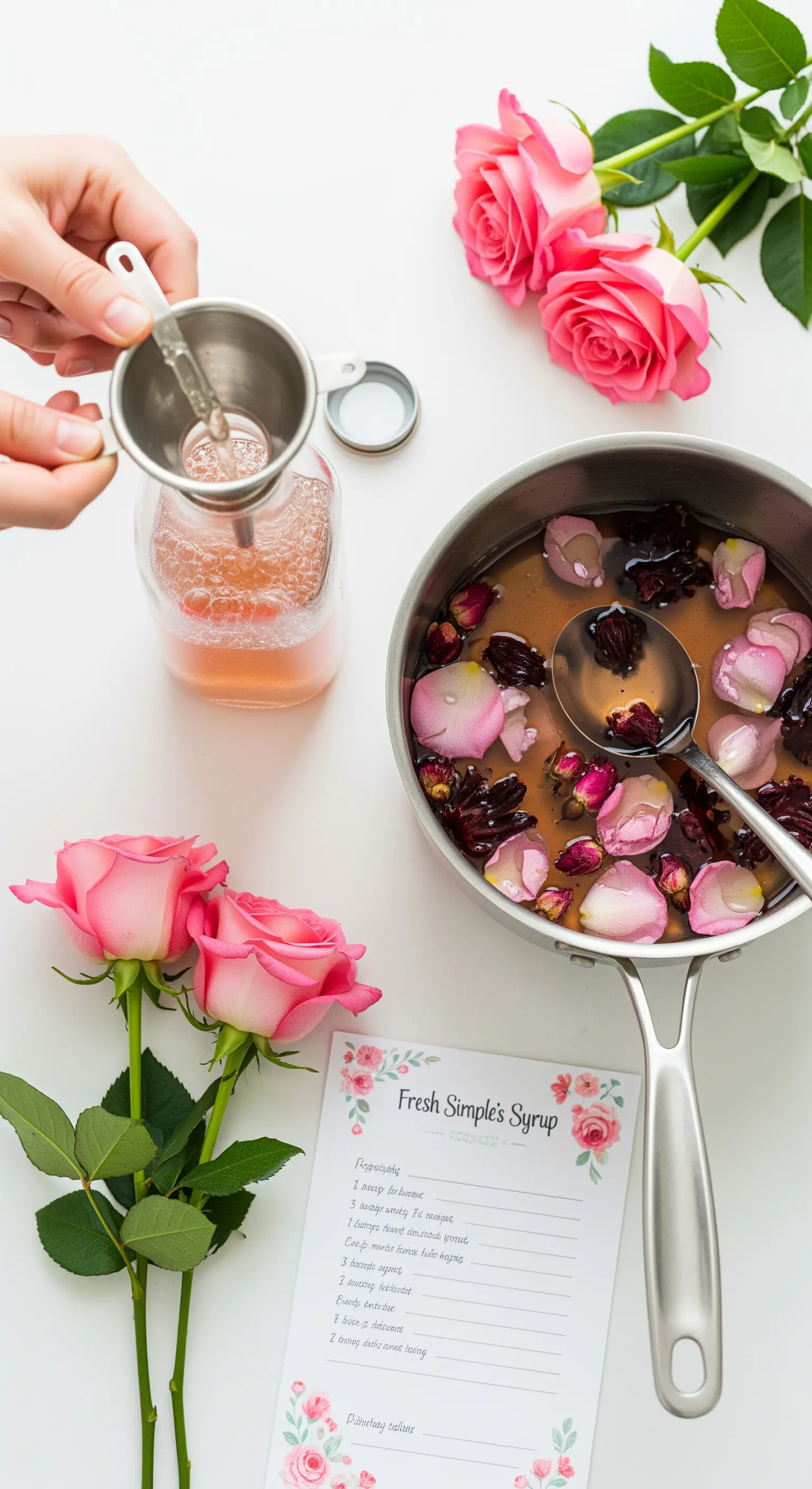 Preparazione di sciroppo di rose fatto in casa, versandolo in una bottiglia con petali freschi.