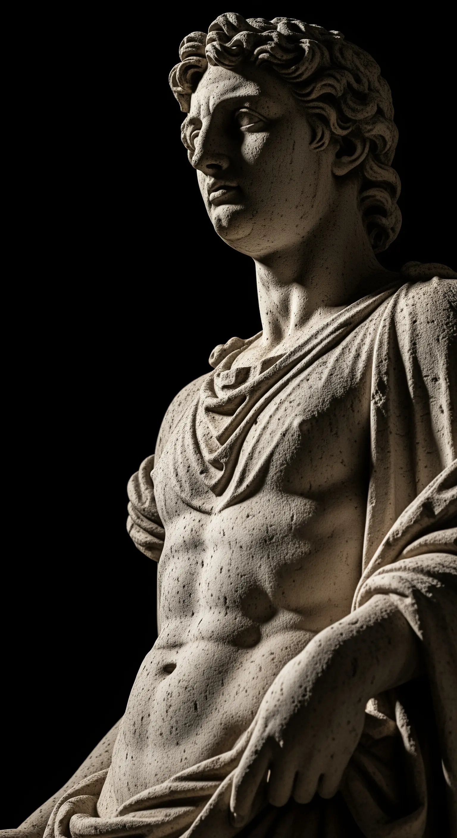Primo piano di una statua classica maschile illuminata lateralmente su sfondo nero.