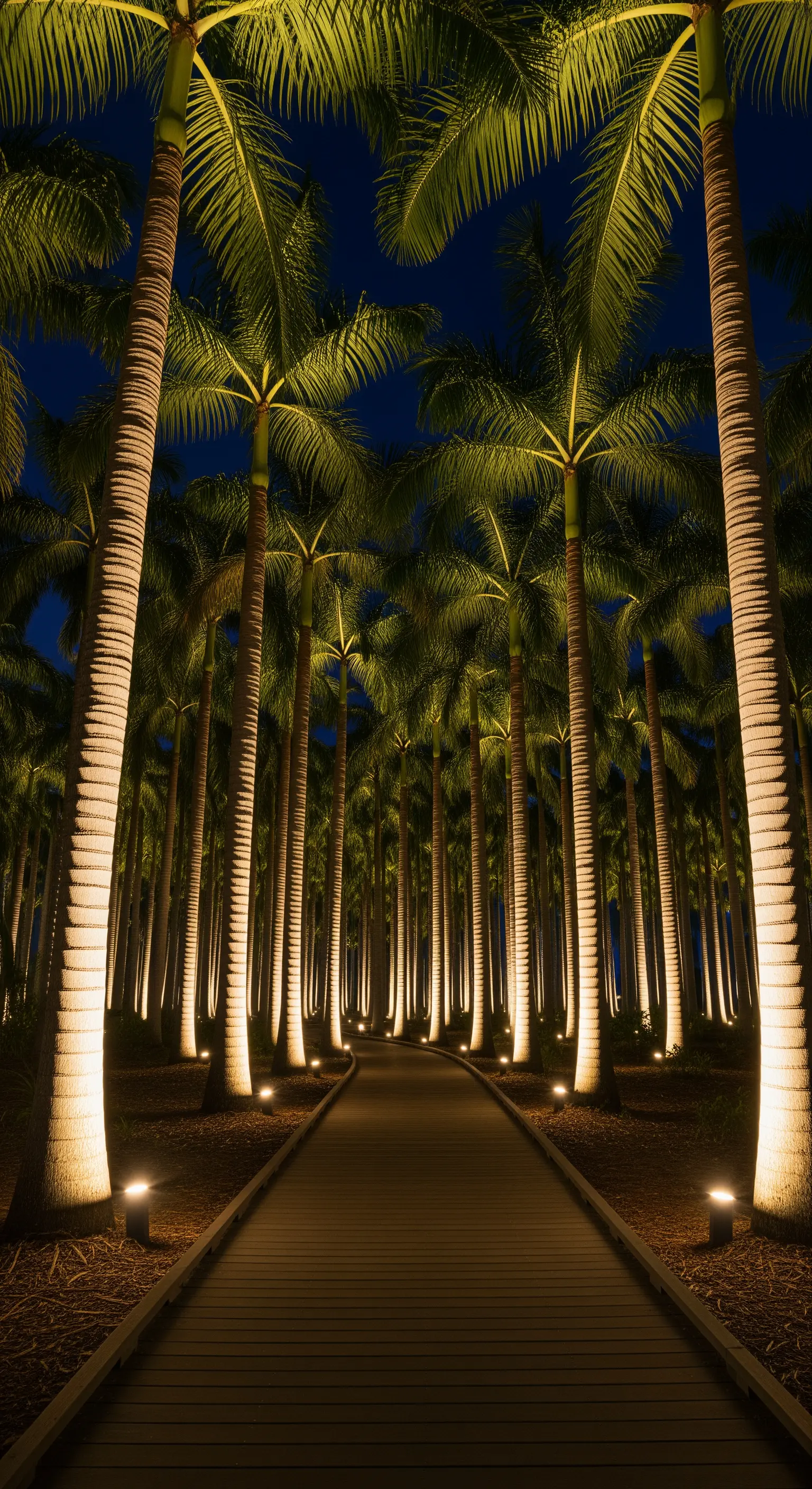 Sentiero in legno che attraversa un filare di palme illuminate dal basso verso l'alto.