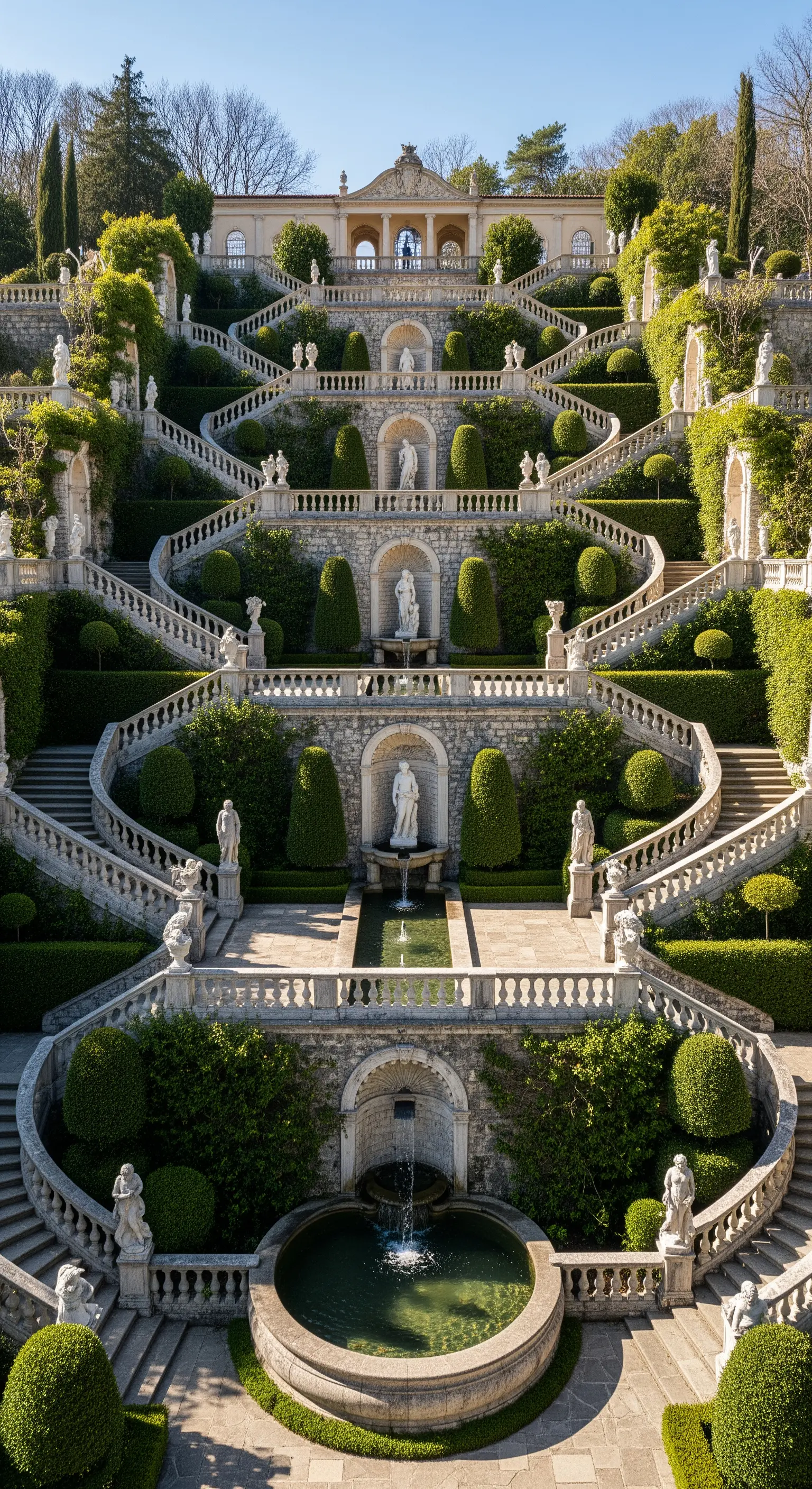 Imponente giardino a terrazze con scalinate, statue, fontane e siepi scolpite.