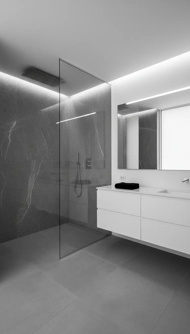 Doccia walk-in minimalista con parete in marmo grigio e illuminazione a LED integrata nel soffitto.