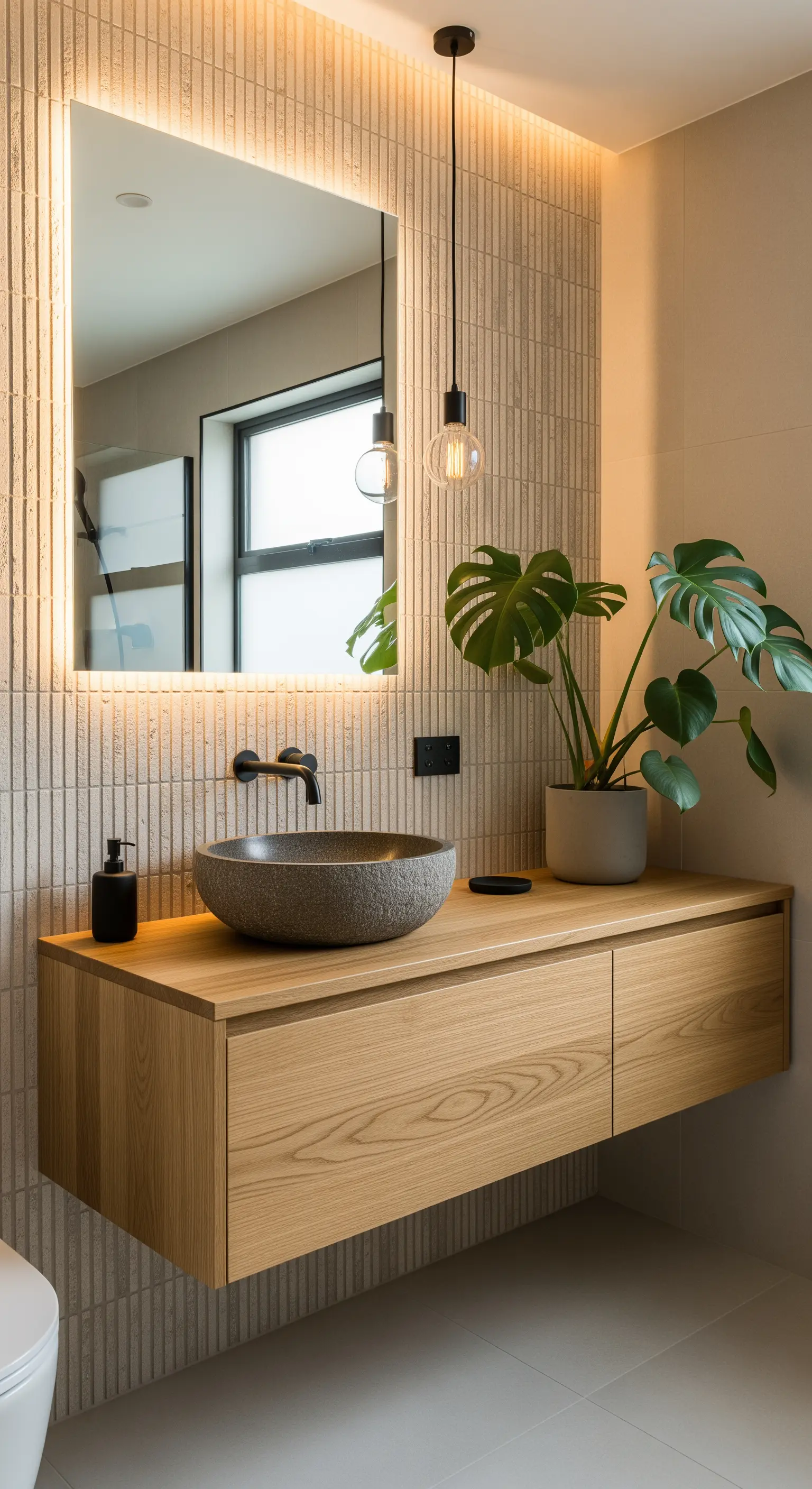 Parete con piastrelle 3D a listelli illuminata da un LED, con mobile sospeso in legno.