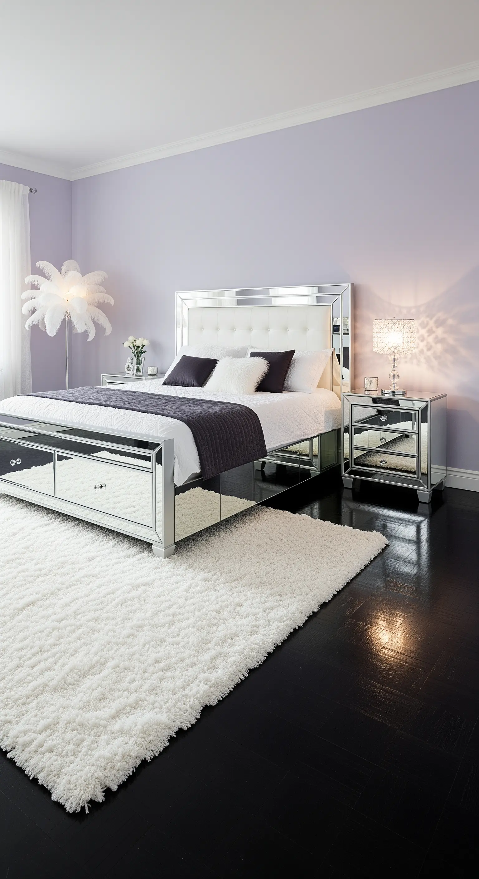 Camera da letto glamour con mobili a specchio e un soffice tappeto bianco su parquet nero