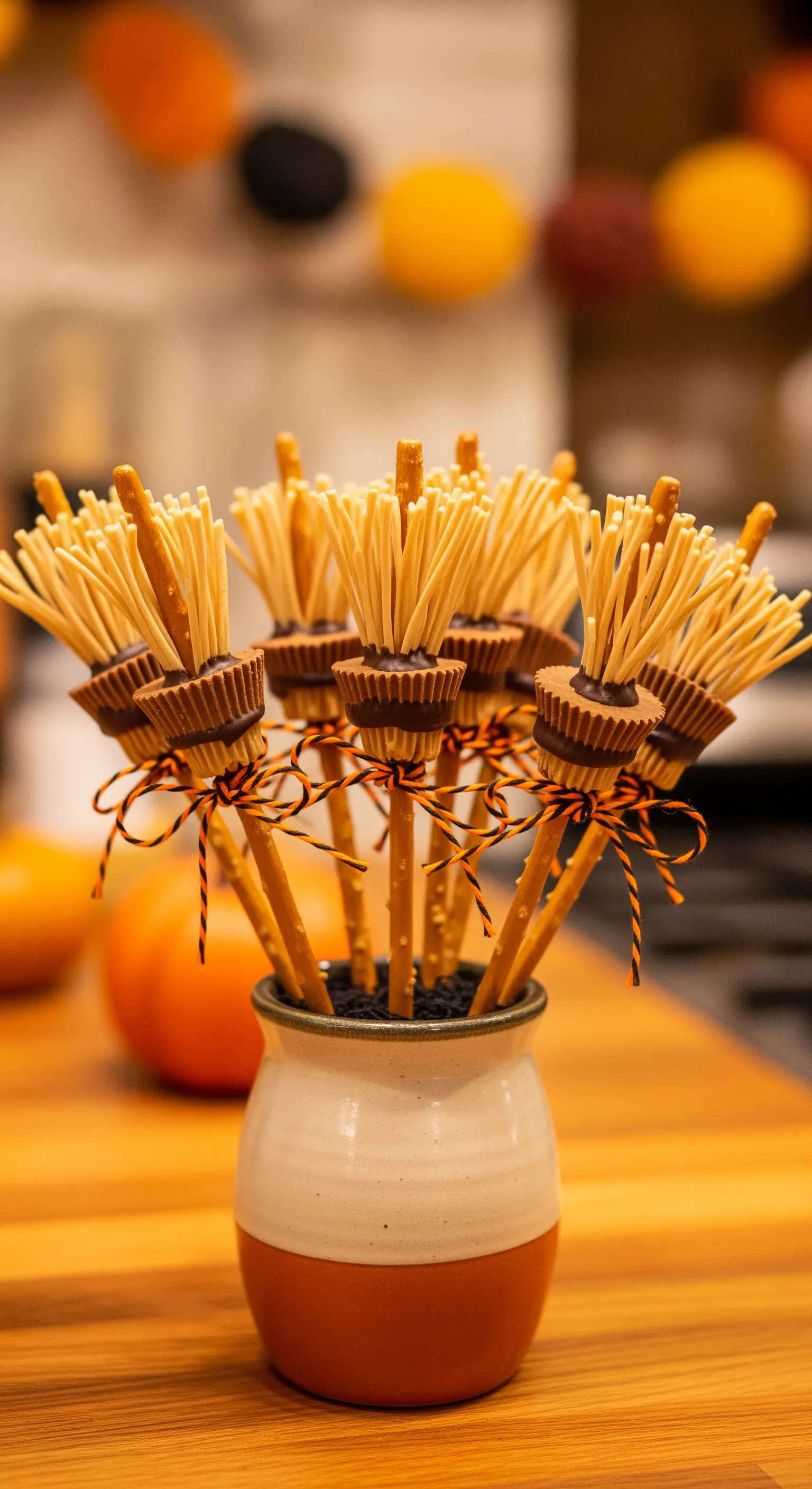 Scope da strega fatte con pretzel, cioccolato e spaghetti, raccolte in un vasetto.