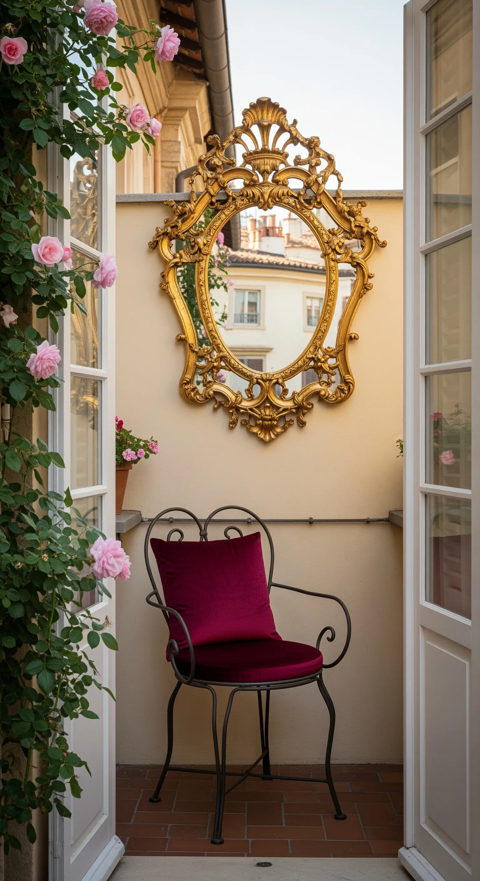 Piccolo balcone con sedia in ferro battuto, cuscino in velluto e specchio dorato antico.