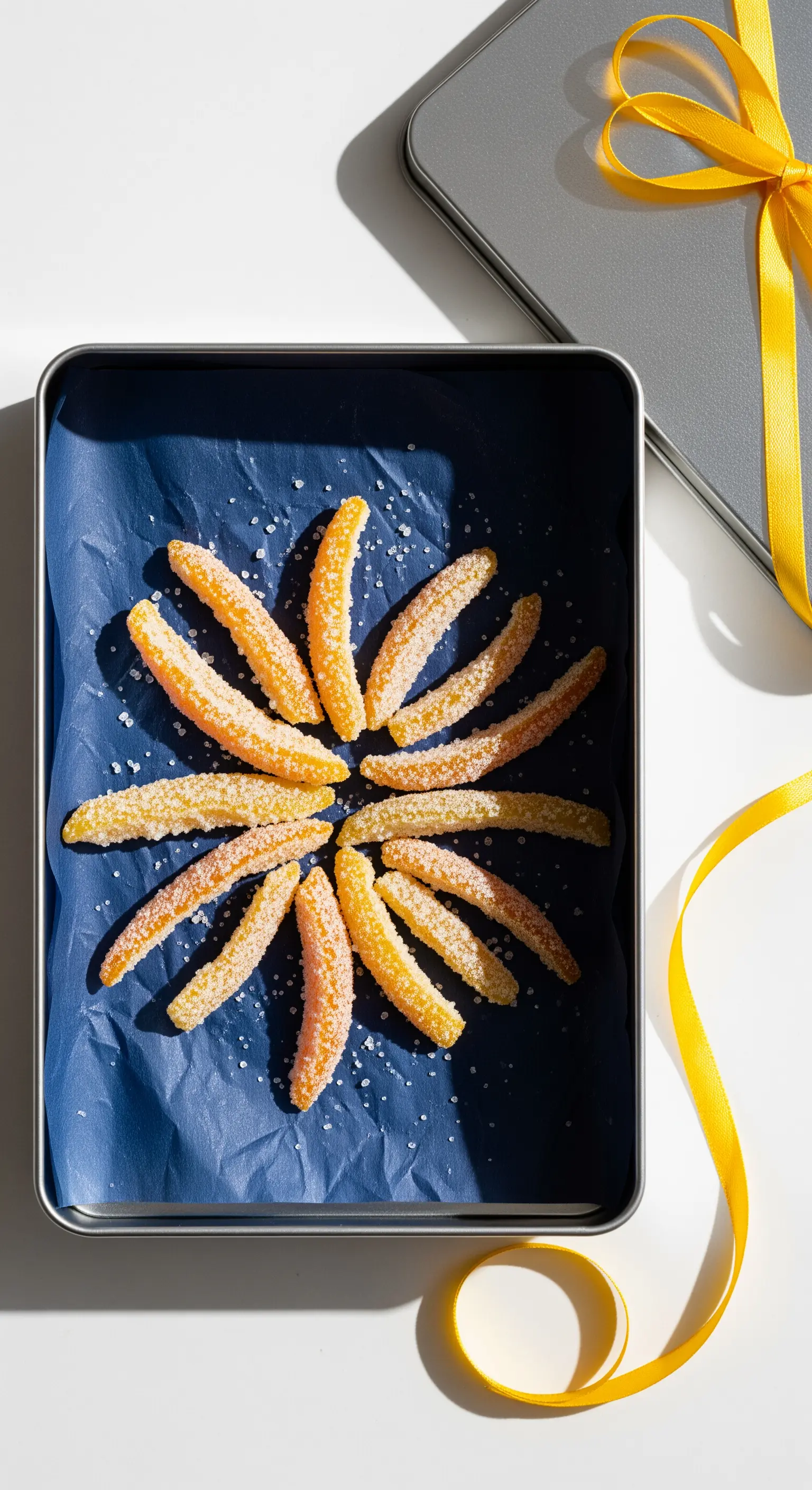 Scorze d'arancia candite disposte a forma di sole in una scatola di latta blu.