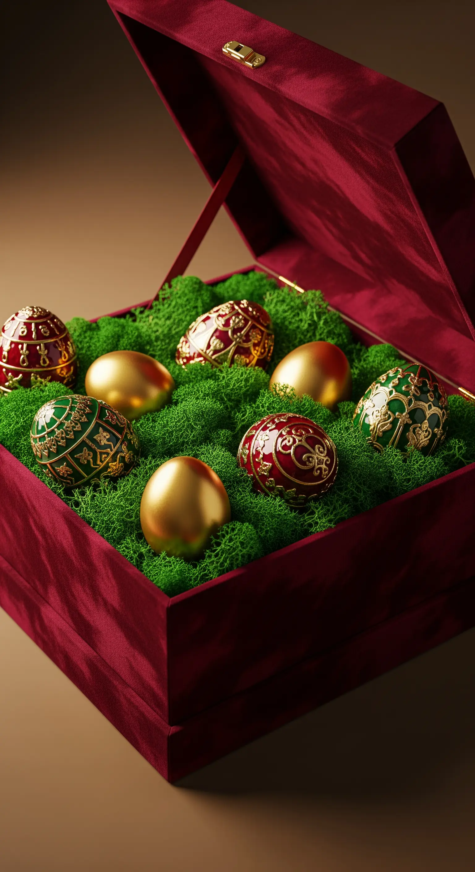 Scatola di velluto rosso con muschio e uova decorate in stile Fabergé e dorate.