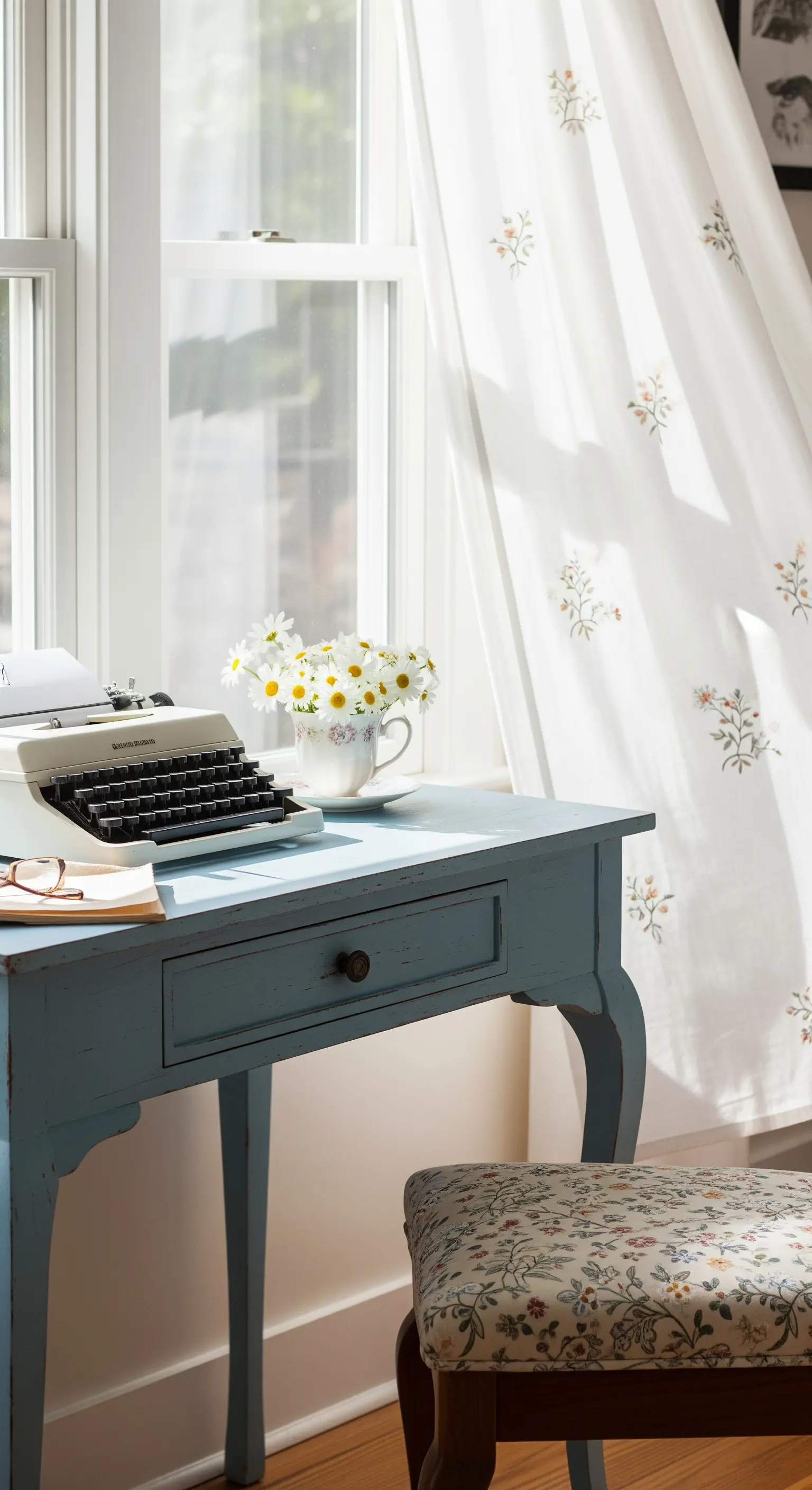Scrivania azzurra decapata con macchina da scrivere vintage e margherite vicino a una finestra.
